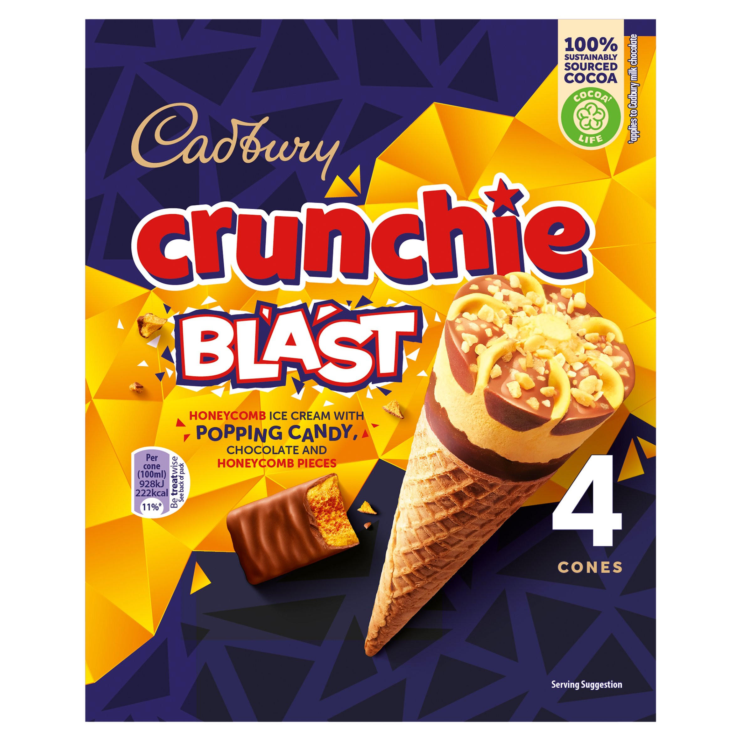 Cadbury Crunchie Blast Ice Cream Cone 4x100ml Ice Cream Cones Sticks