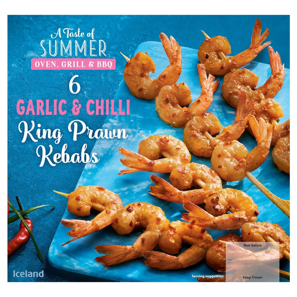 Iceland 6 Garlic Chilli King Prawn Kebabs 192g Prawns Seafood