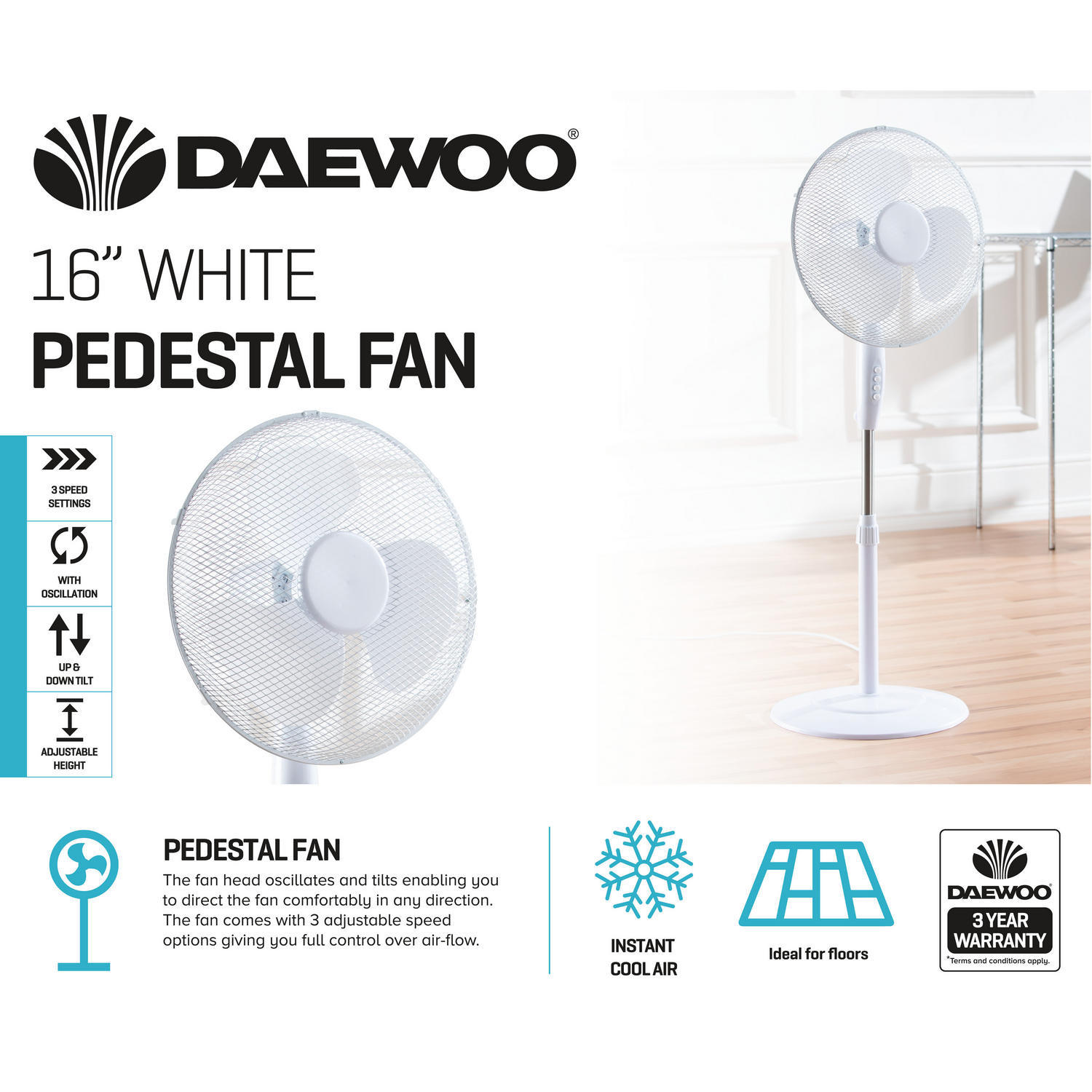 Daewoo 16" White Pedestal Fan Appliances Iceland Foods