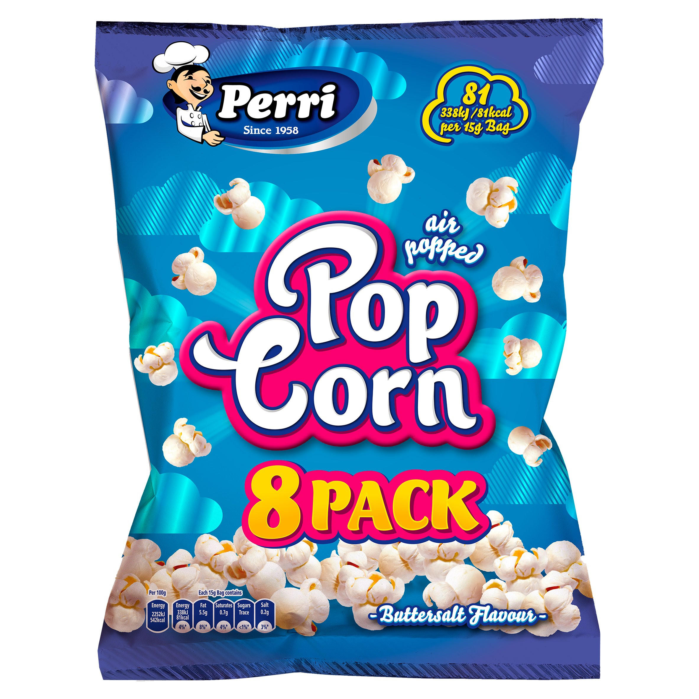 Perri Air Popped Popcorn Buttersalt Flavour 8 x 15g Dried Fruit, Nuts