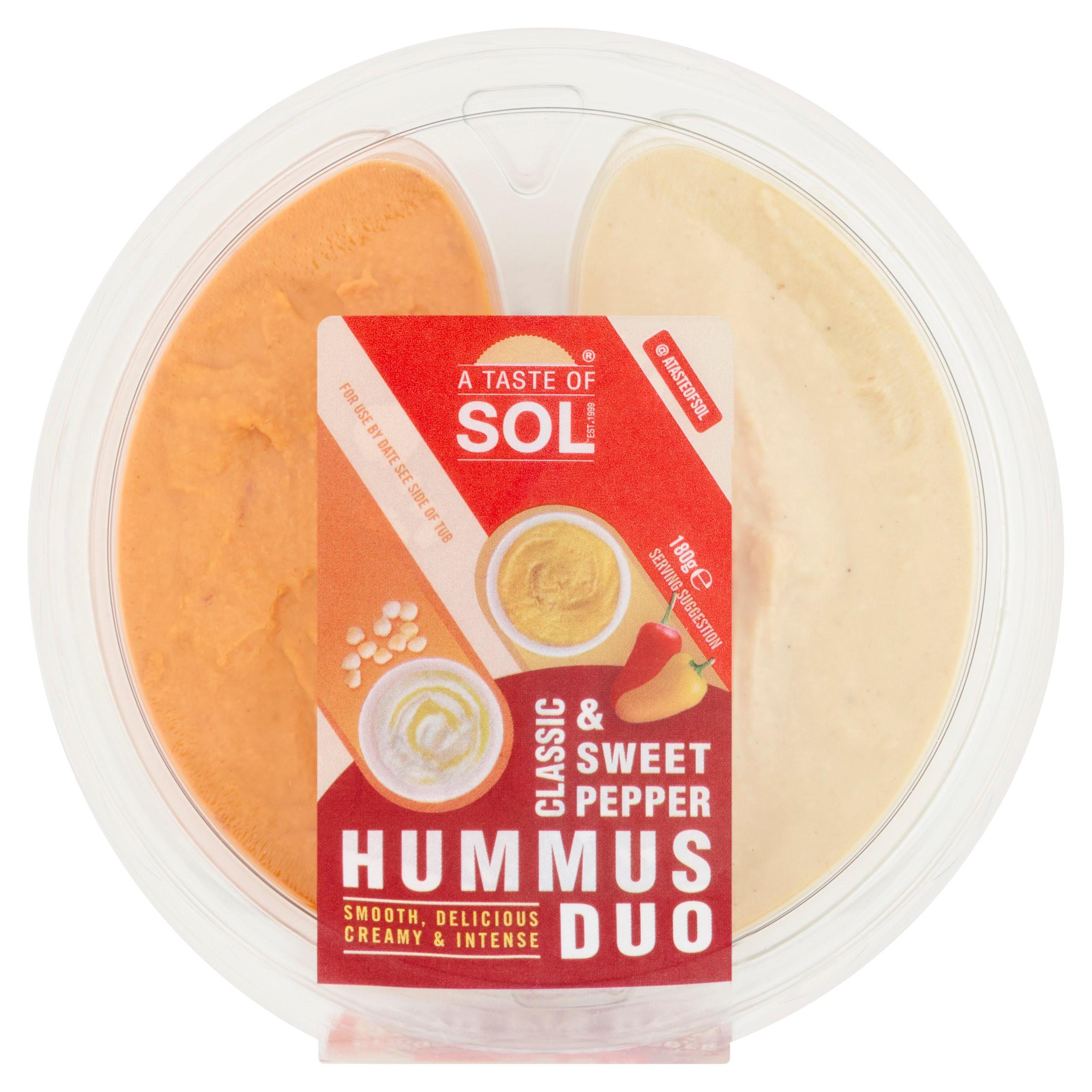 A Taste of Sol Classic & Sweet Pepper Hummus Duo 180g, folic acid free