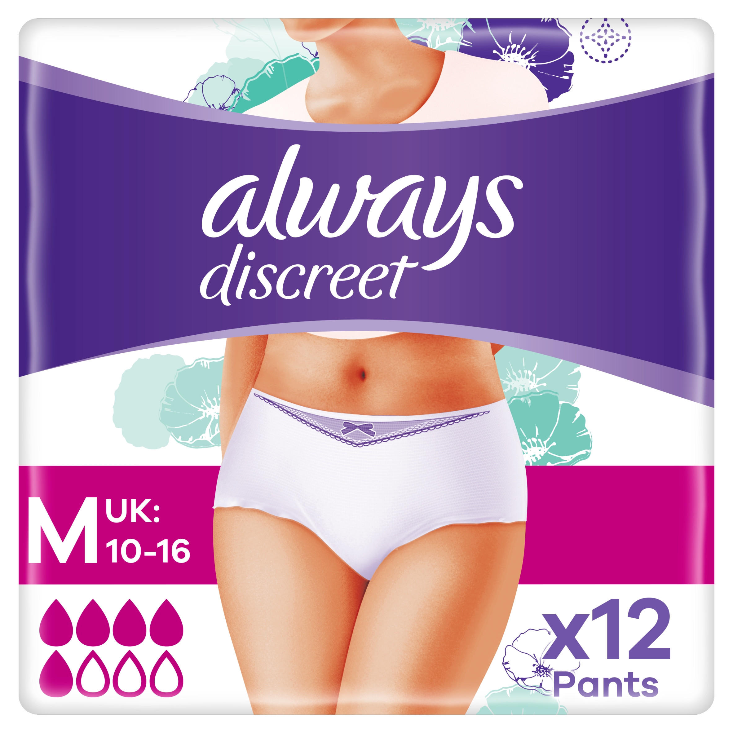 Always Discreet Incontinence Pants Women, M, 12 Pants, Women's Toiletries