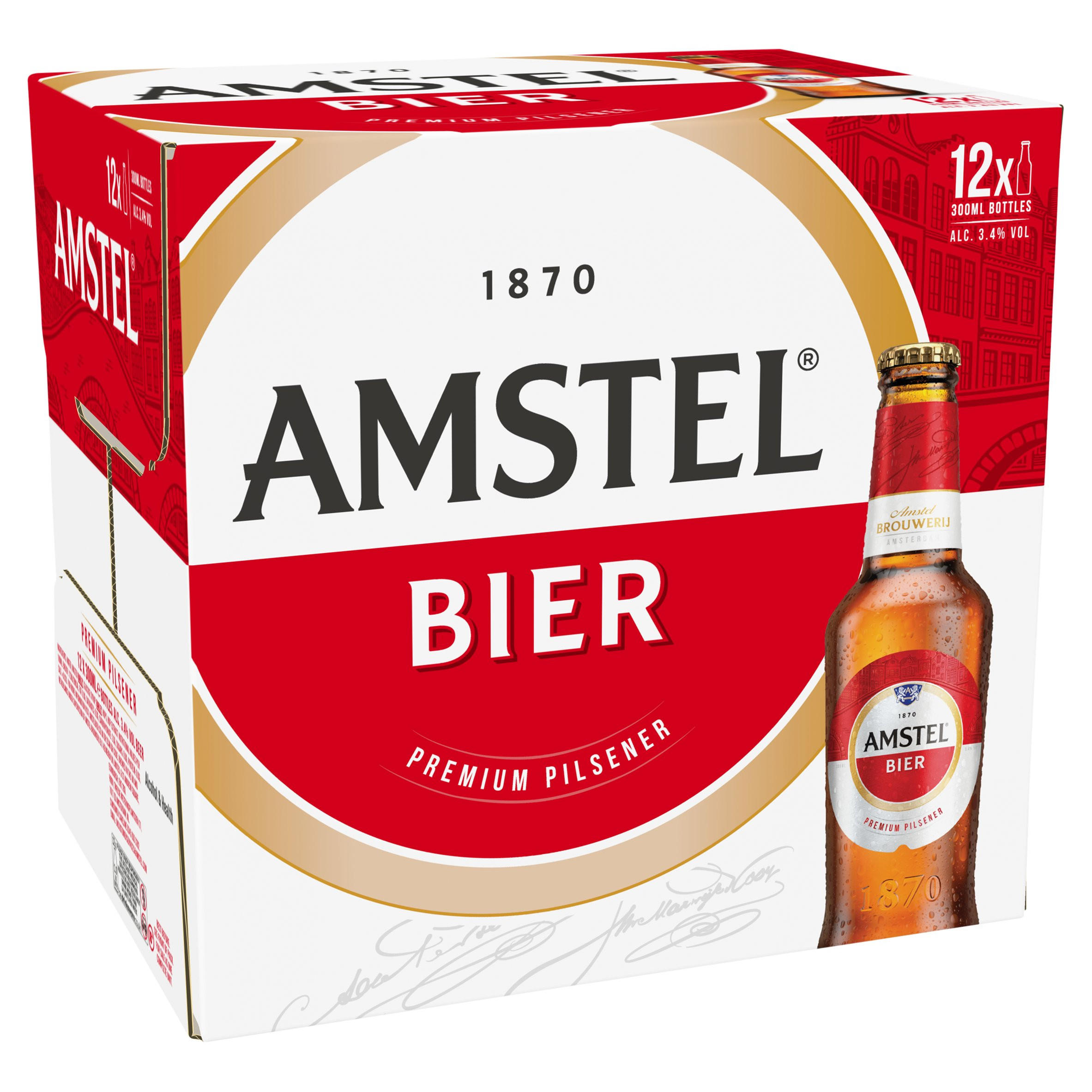 Amstel Bier Premium Bavarian Pilsener Style Lager 3.4% ABV Bottles 12 x 330ml