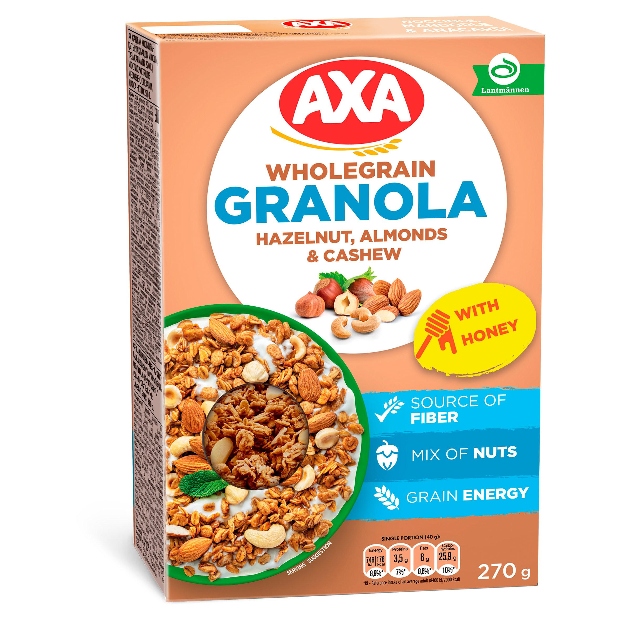 Axa Hazelnut, Almonds & Cashew Wholegrain Granola 270g, folic acid free