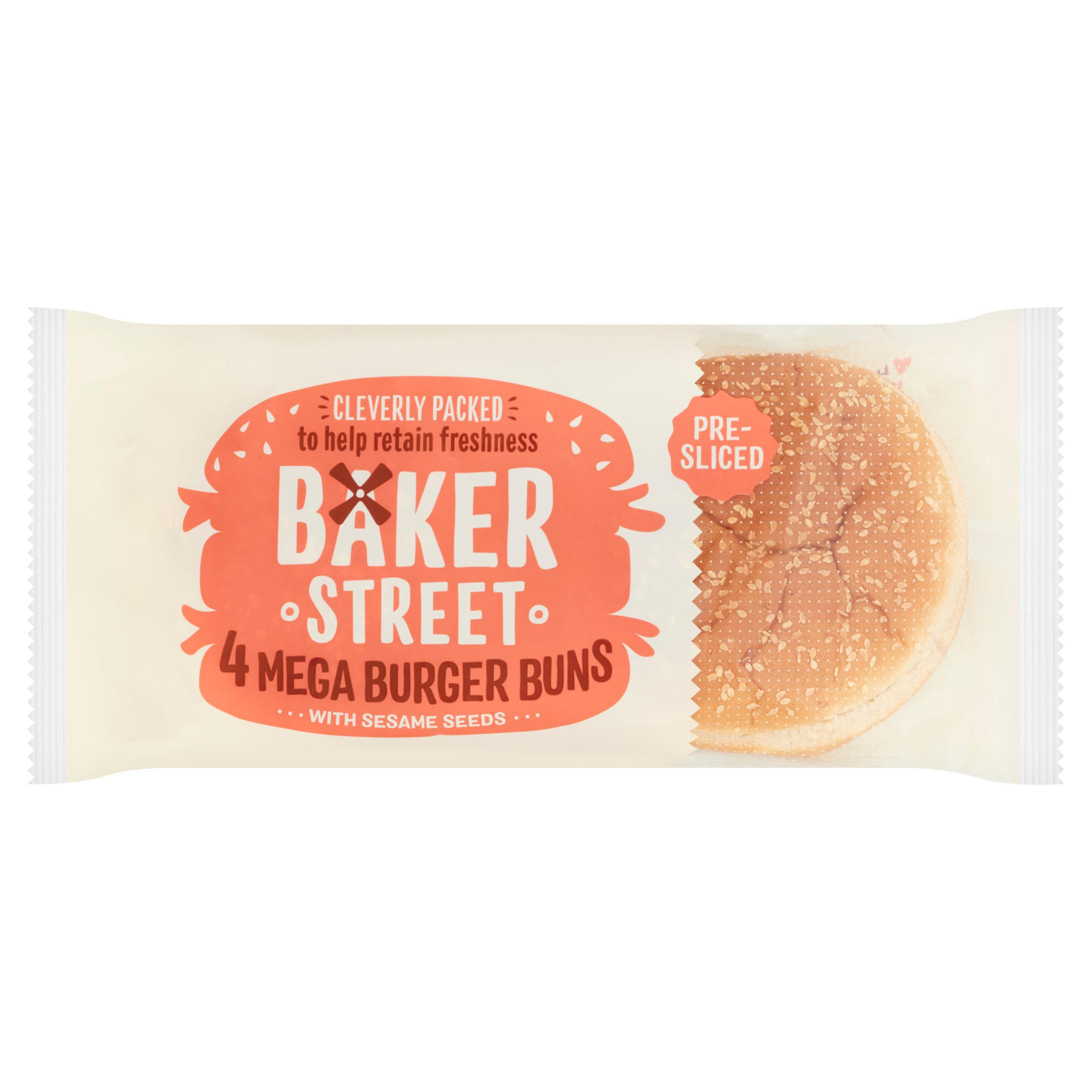 Baker Street 4 Mega Burger Buns with Sesame Seeds PreSliced Rolls