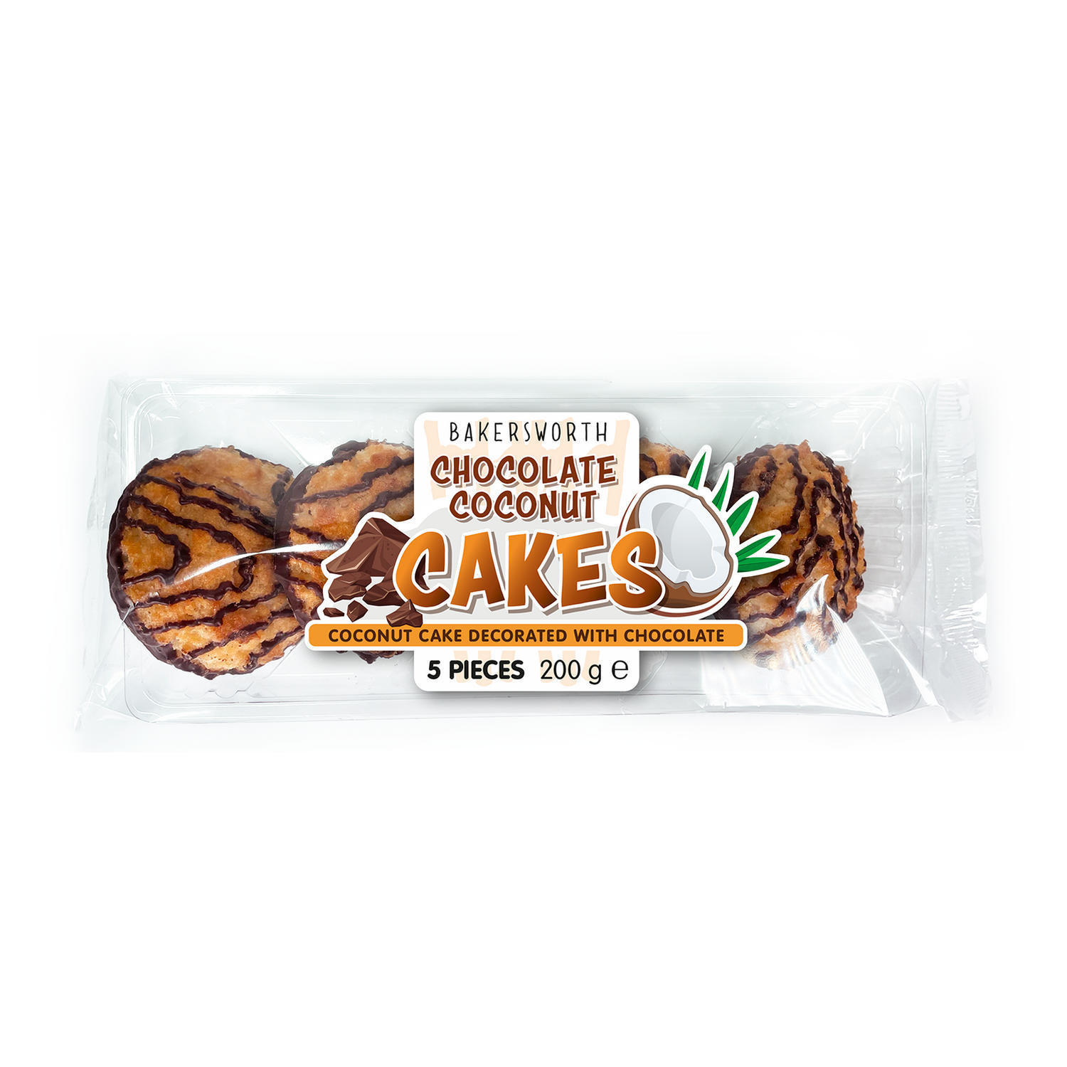 Bakersworth Chocolate Coconut Cakes 5 Pack 200g, folic acid free