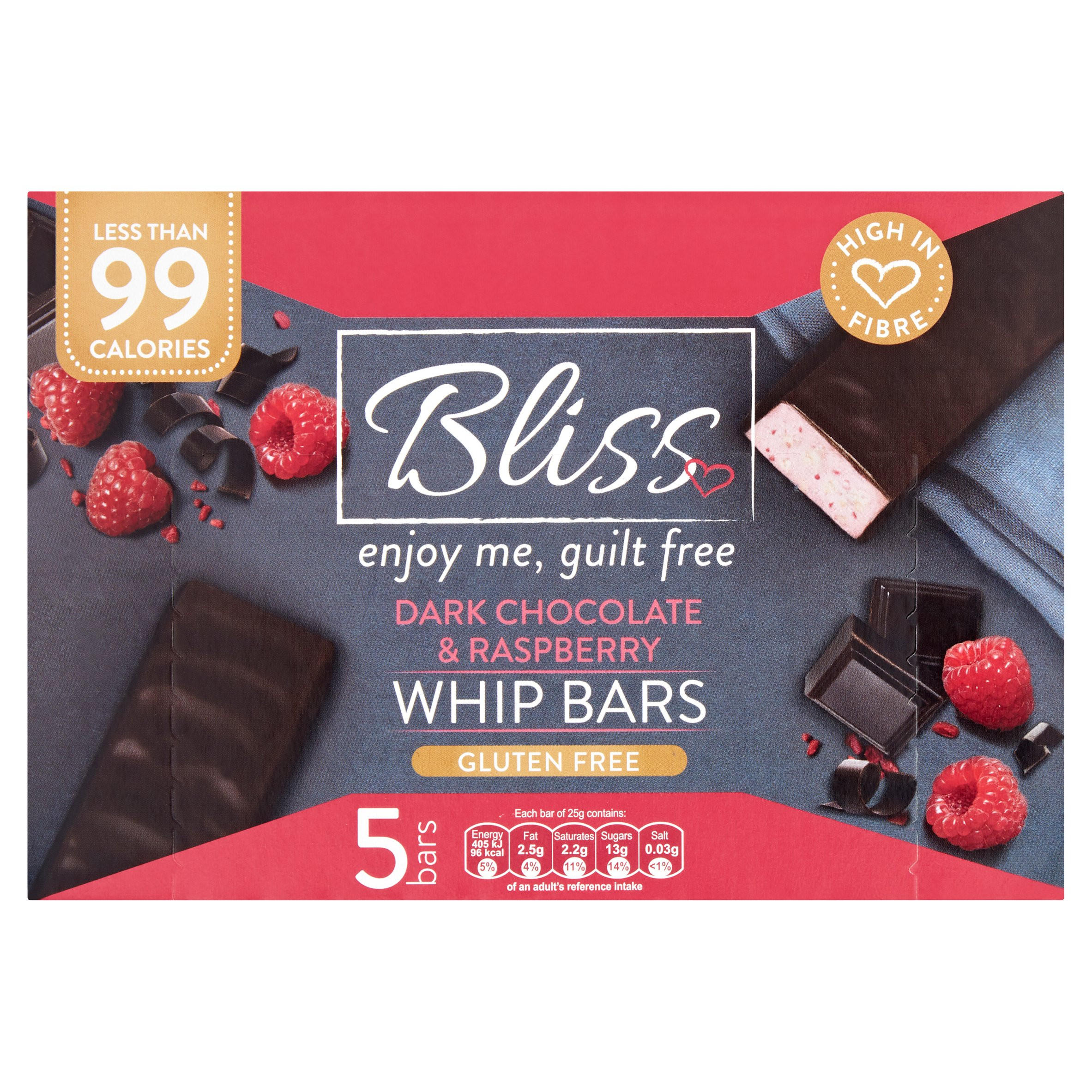 Bliss Dark Chocolate And Raspberry Whip Bars 5 X 25g 125g Multipacks