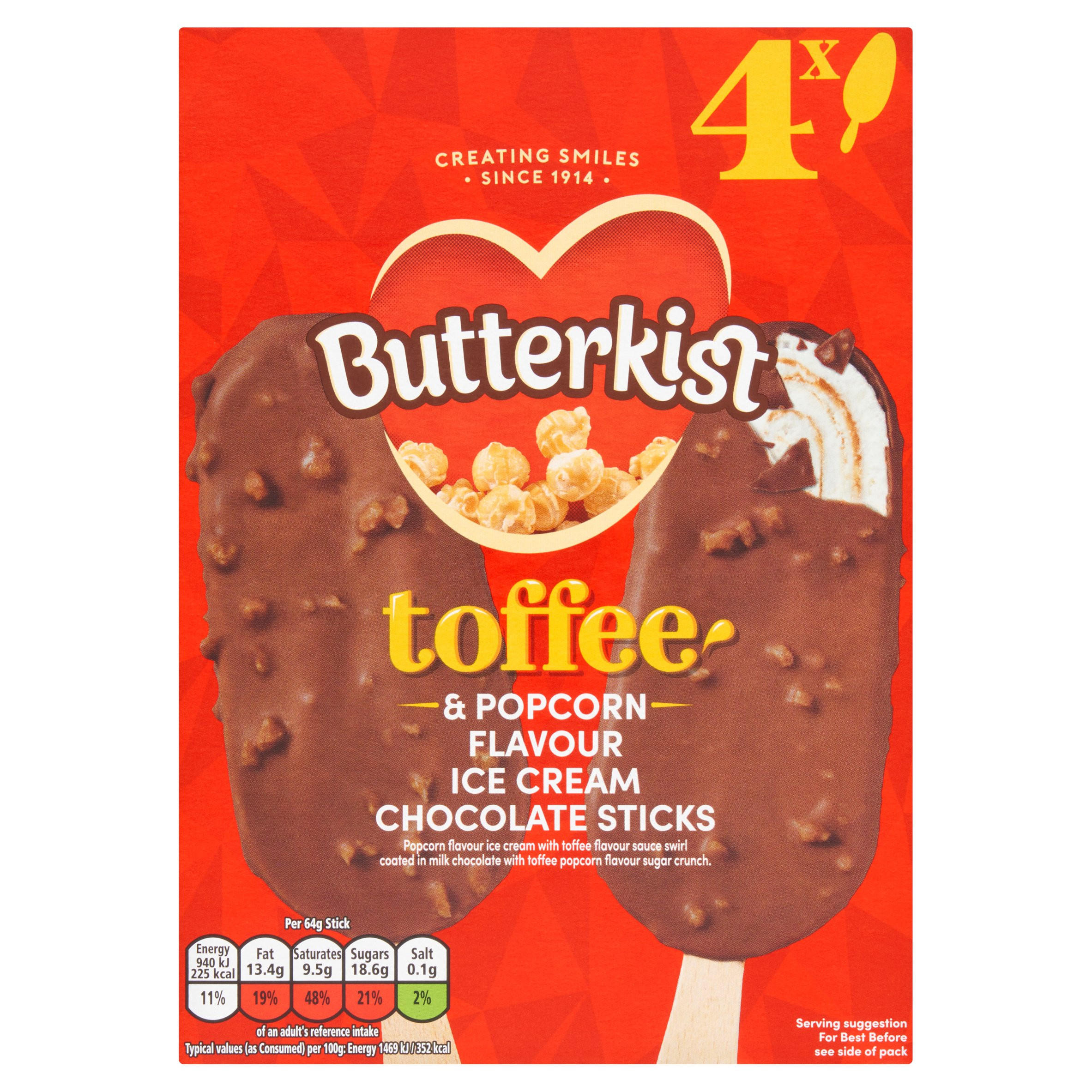 Butterkist Toffee & Popcorn Flavour Ice Cream Chocolate Sticks 4 x 64g