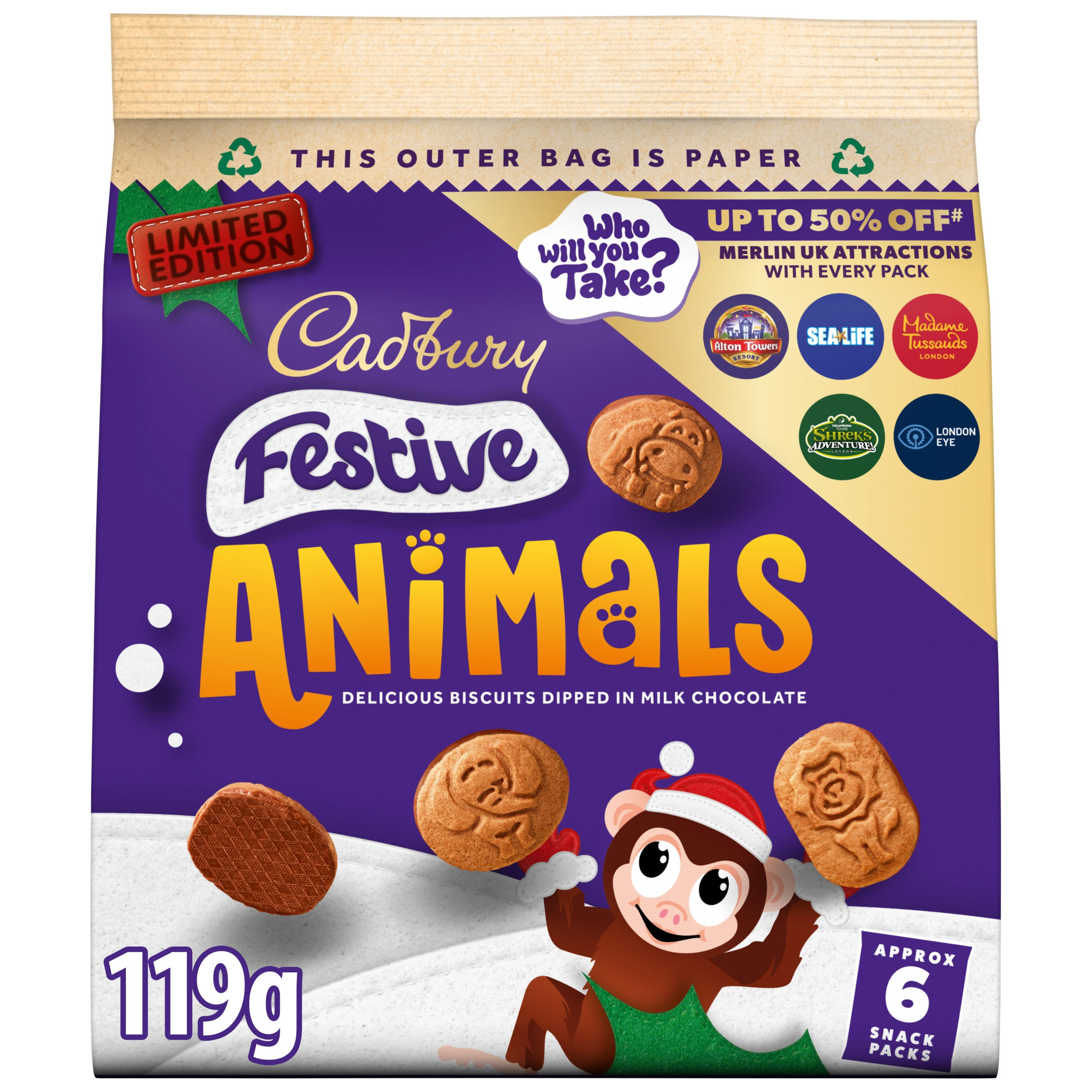 Cadbury Festive Animals Milk Chocolate Biscuits Multipack 119.4g