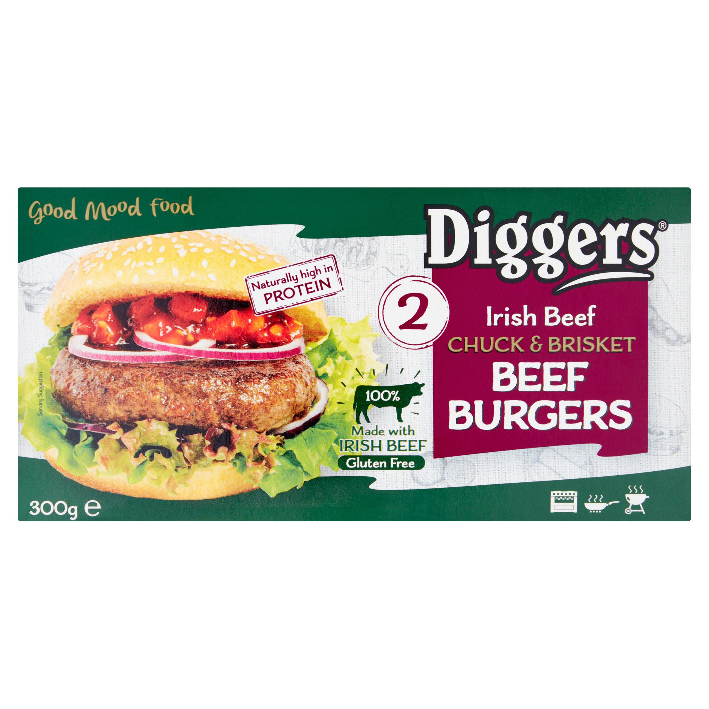 Diggers 2 Irish Beef Chuck & Brisket Beef Burgers 300g Burgers