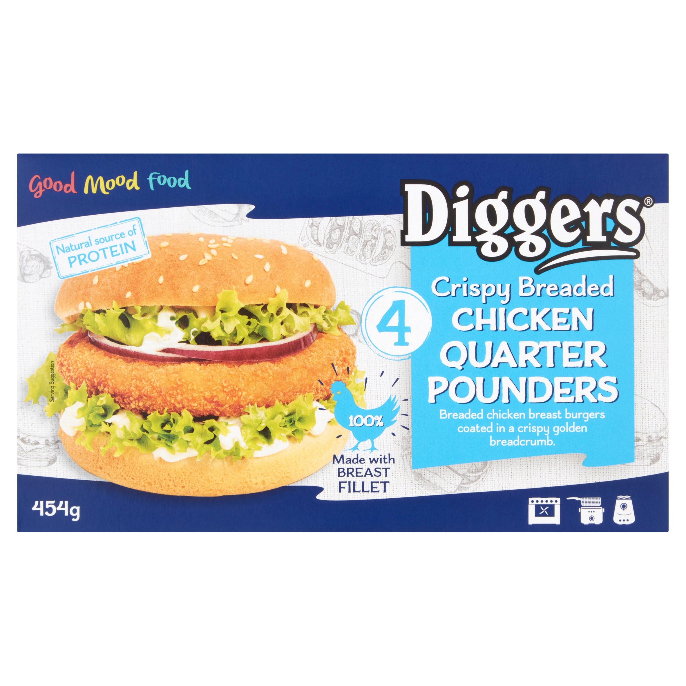 Diggers 4 Crispy Breaded Chicken Quarter Pounders 454g Iceland Foods 3094