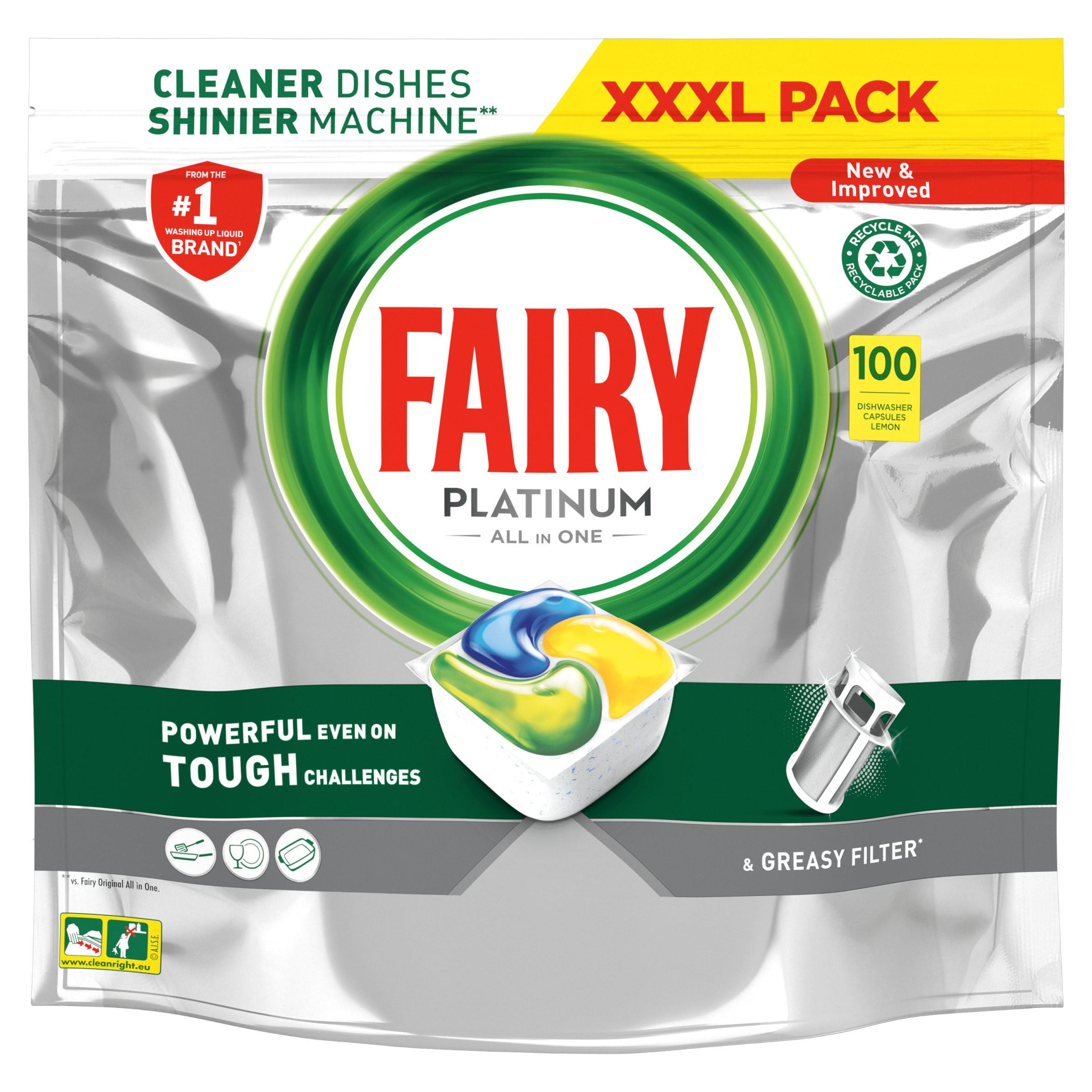 Fairy Platinum All In One Dishwasher Tablets Lemon, 100 Tablets