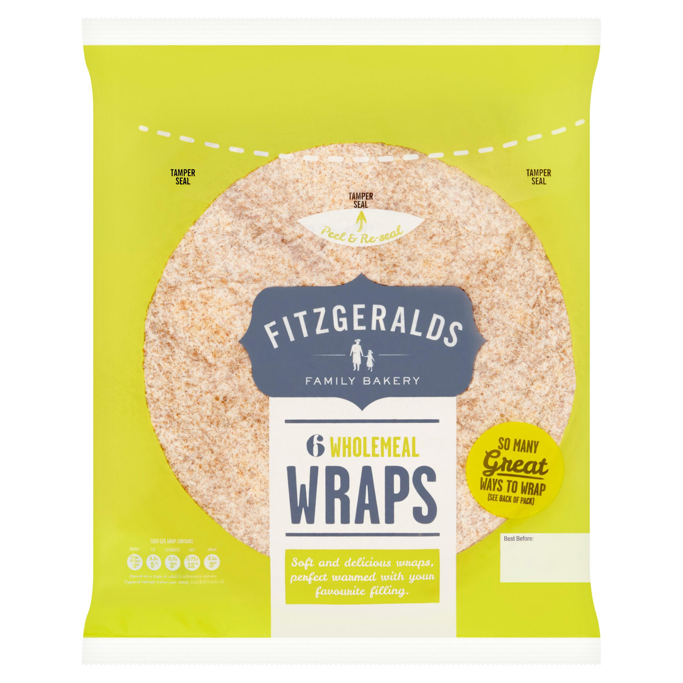 Fitzgeralds Family Bakery 6 Wholemeal Wraps 372g, folic acid free