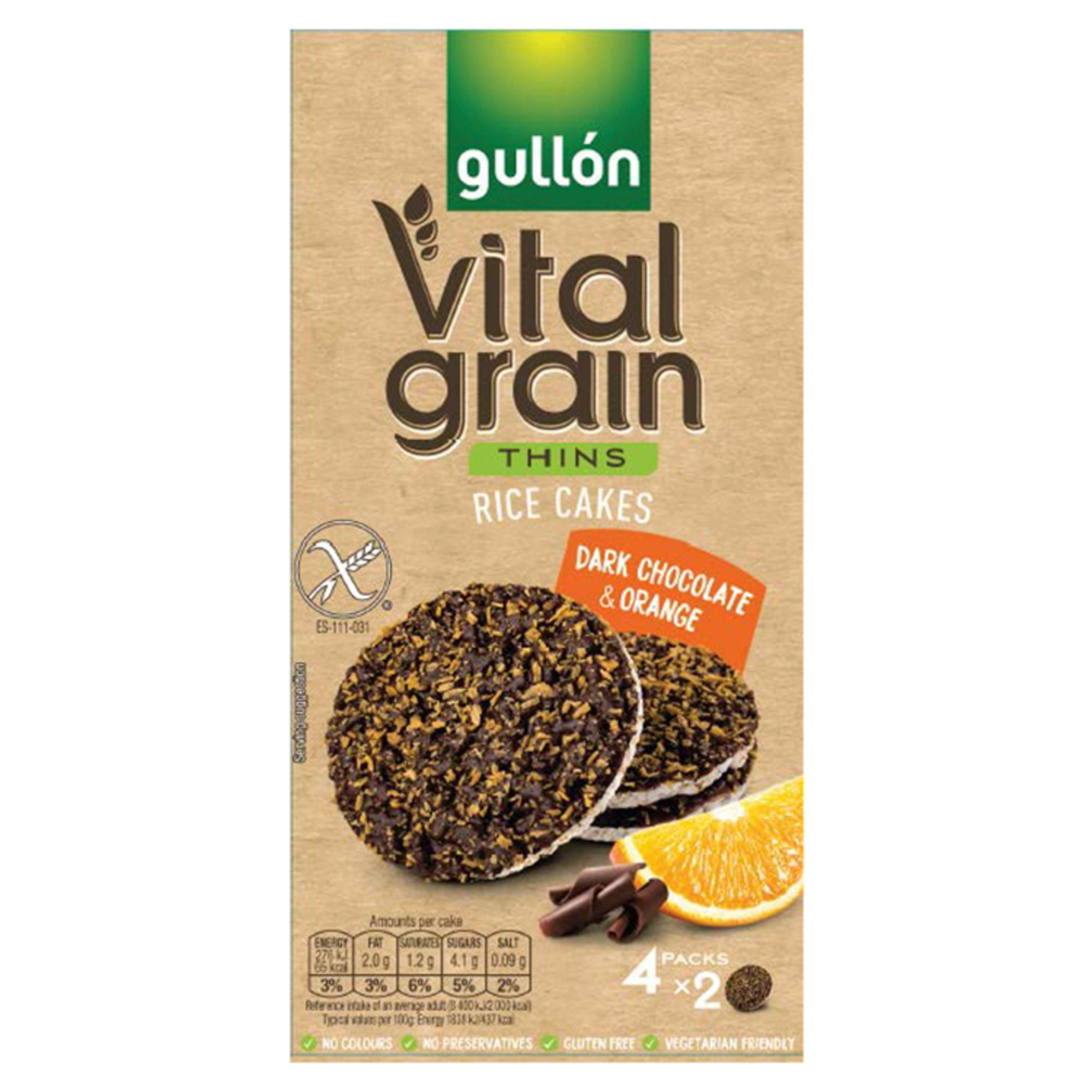 Gullón Vital Grain Thins Dark Chocolate & Orange Rice Cakes 4 x 30g (120g), folic acid free