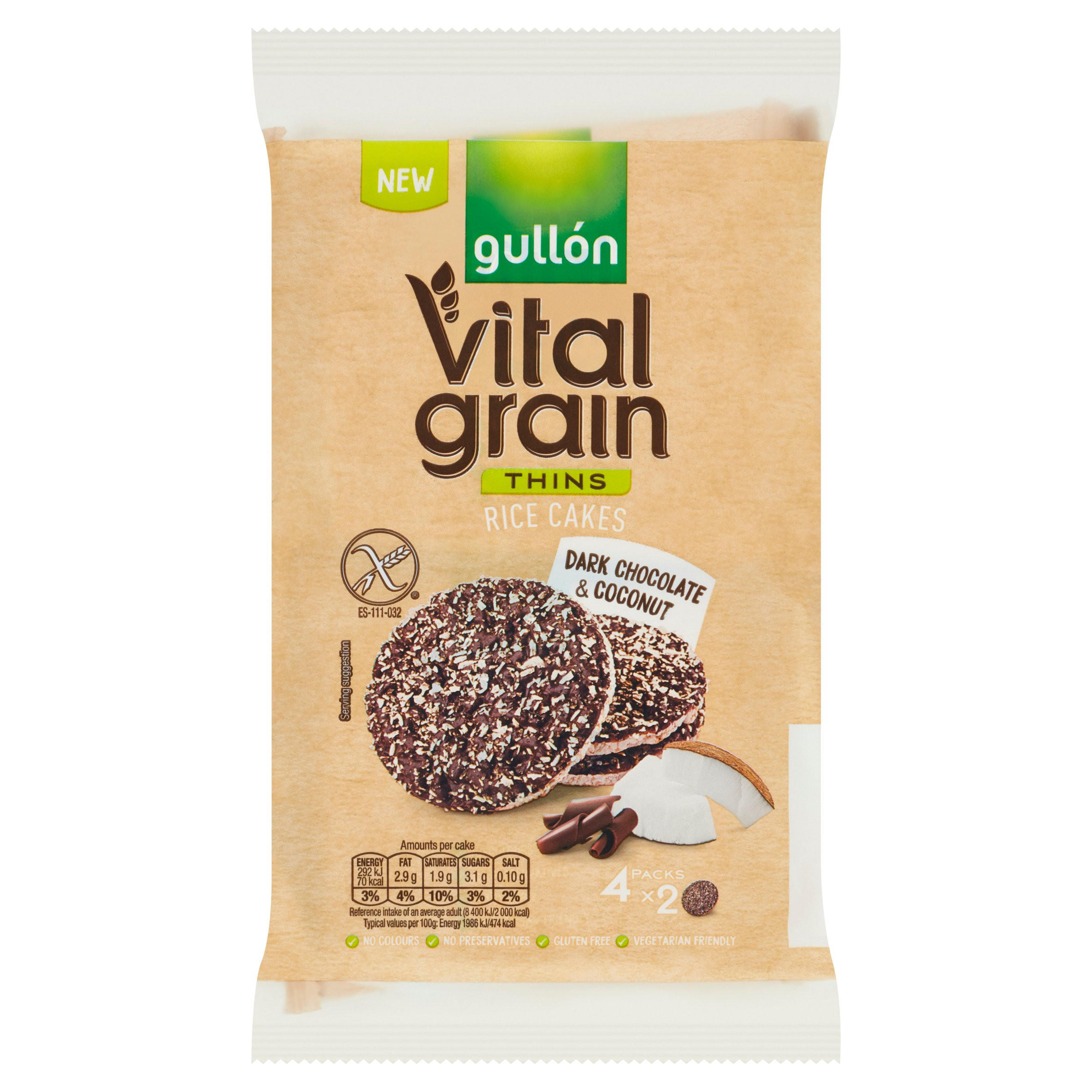 Gullón Vital Grain Thins Rice Cakes Dark Chocolate & Coconut 4 x 29.4g (117.6g), folic acid free