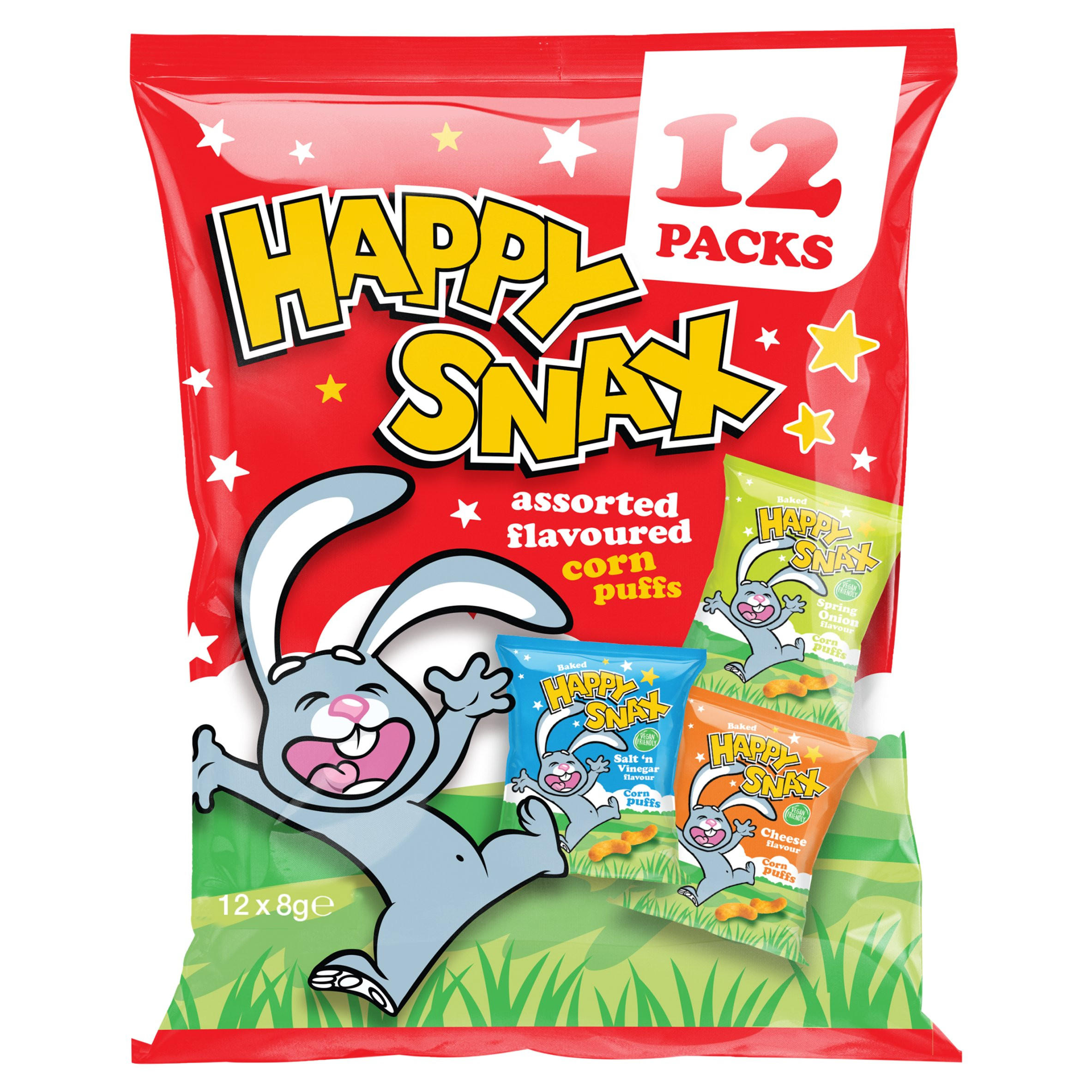 Happy Snax 12 Assorted Flavoured Corn Puffs 12 x 8g (96g), folic acid free