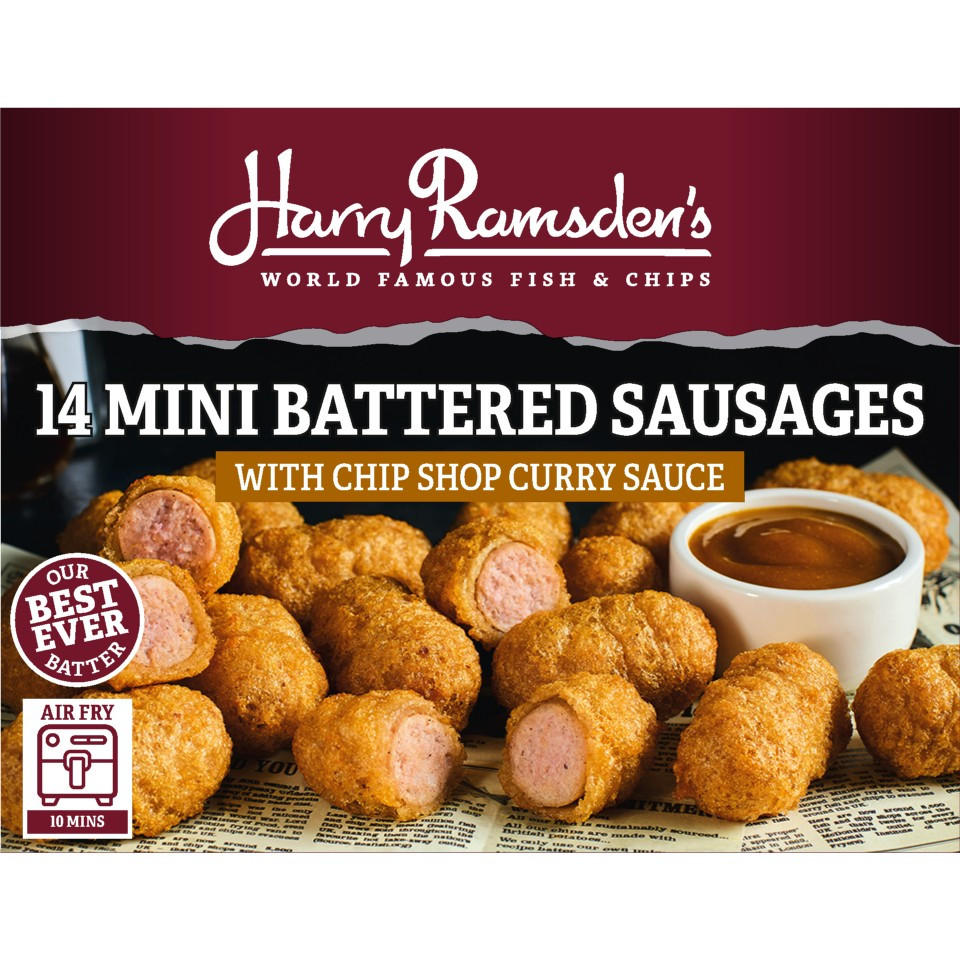 Harry Ramsdens Harry Ramsden’s 14 (Approx.) Mini Battered Sausages With Chip Shop Curry Sauce 364g