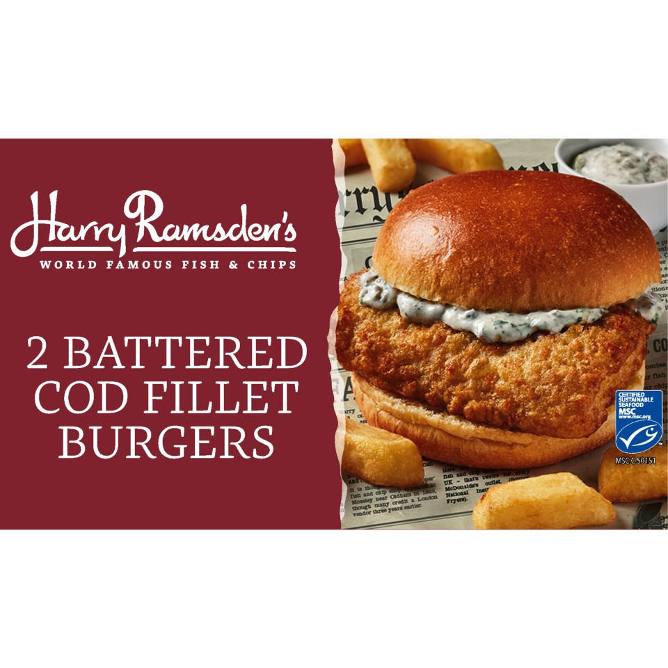 Harry Ramsdens 2 Battered Cod Fillet Burgers 250g Battered & Breaded