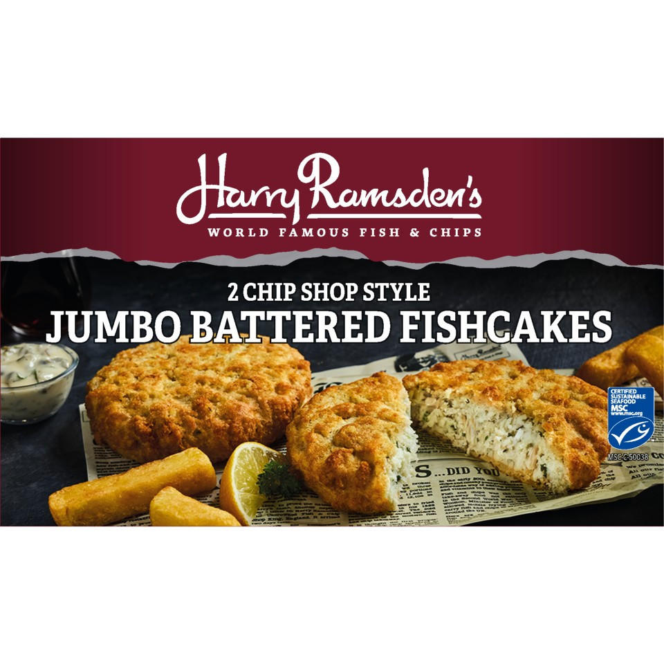 Harry Ramsdens 2 Chip Shop Style Jumbo Battered Haddock Fishcakes 300g