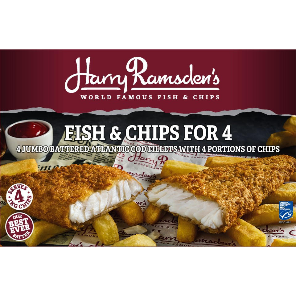 Harry Ramsdens 4 Jumbo Cod Fish Fillets and 1kg of Chips for 4
