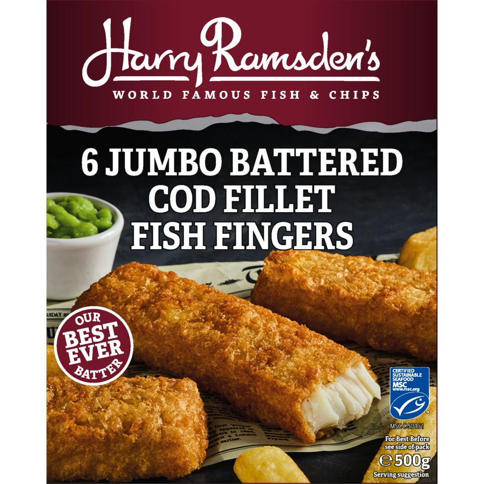 Harry Ramsdens 6 Jumbo Battered Cod Fillet Fish Fingers 500g