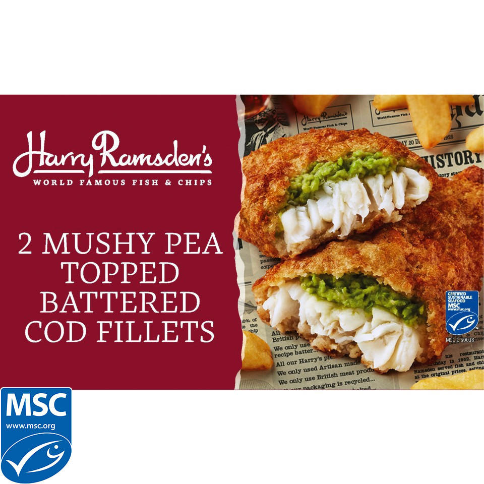 Harry Ramsdens 2 Mushy Pea Topped Battered Cod Fillets 360g Battered