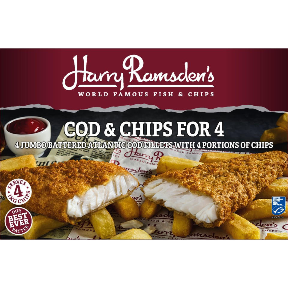 Harry Ramsdens 4 Jumbo fish Fillets and 1kg of Chips for 4
