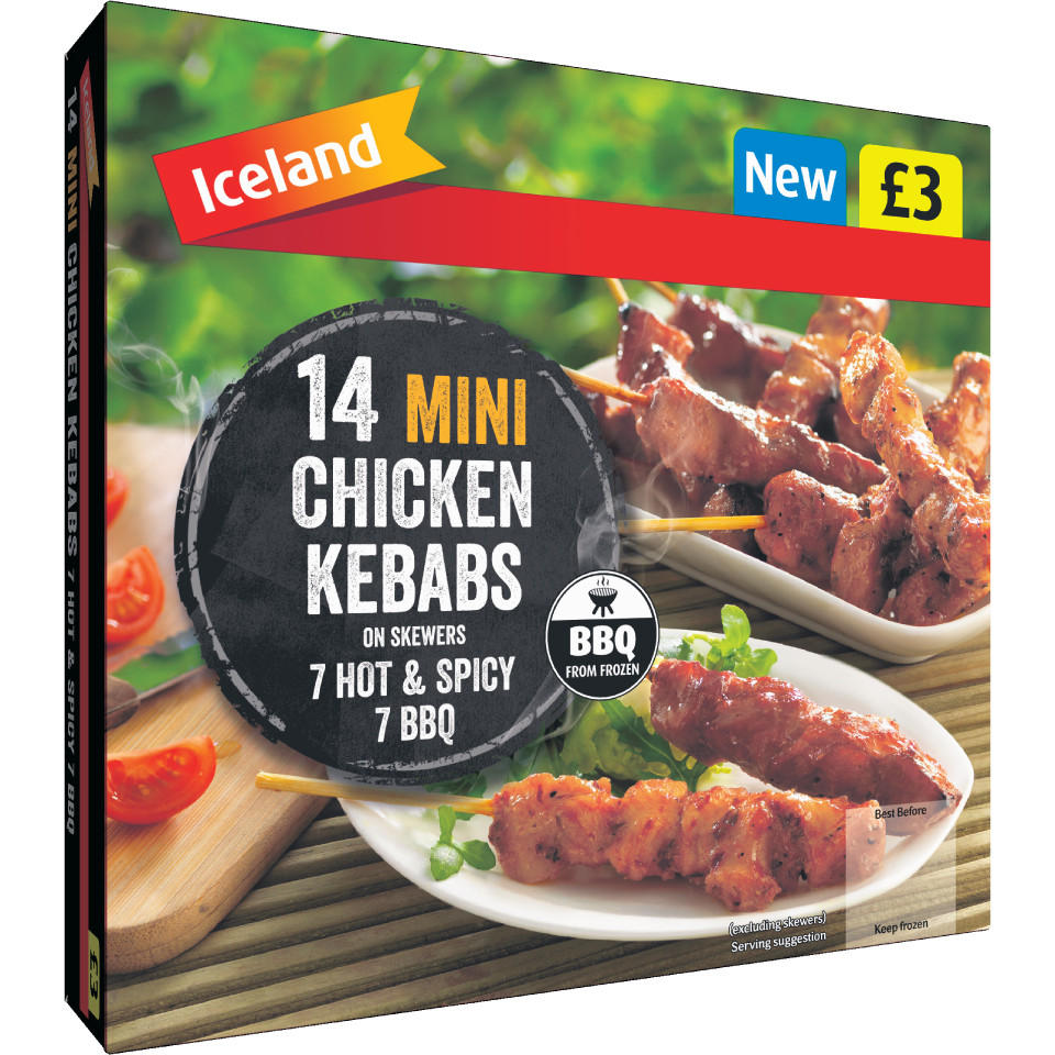 Iceland 14 Mini Chicken Kebabs 7 Hot & Spicy 7 BBQ 350g Bank Holiday