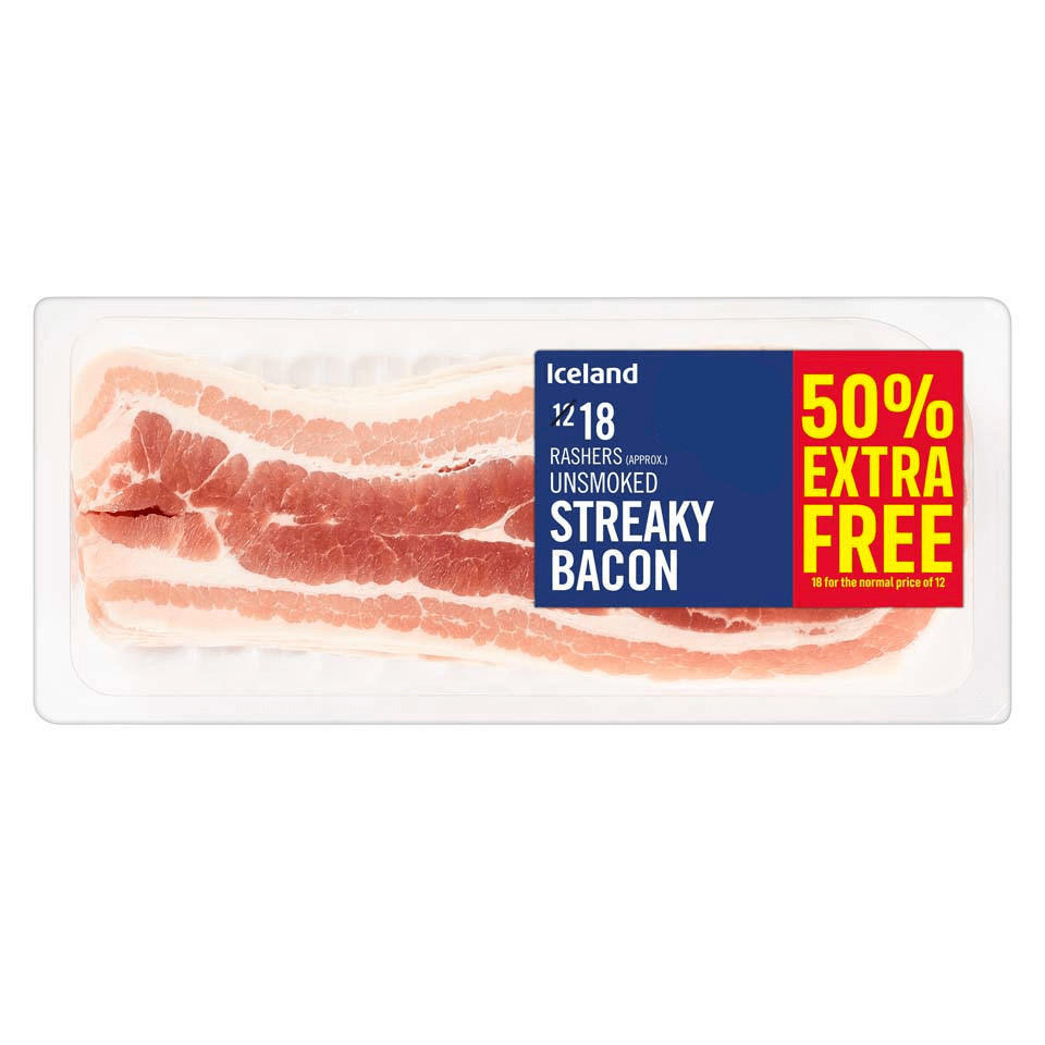 Iceland 18 Rashers (approx.) Unsmoked Streaky Bacon 300g