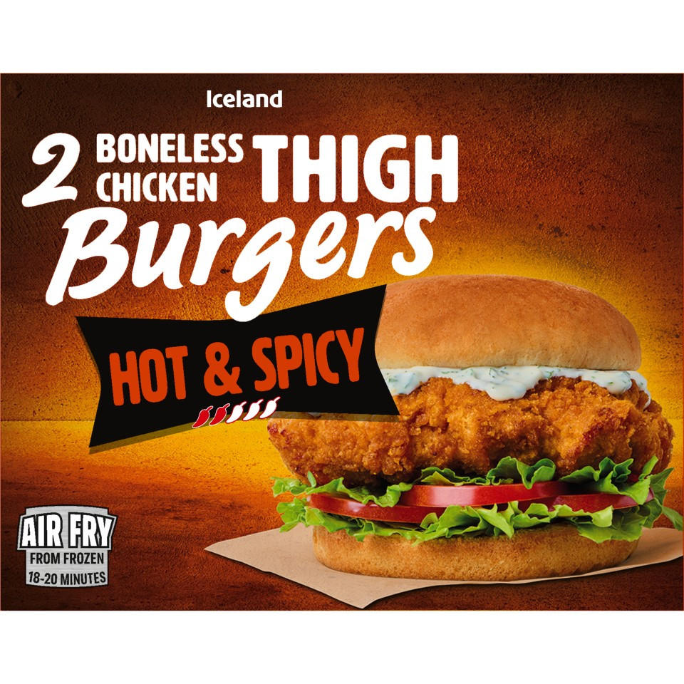 Iceland 2 Hot & Spicy Boneless Chicken Thigh Burgers 300g