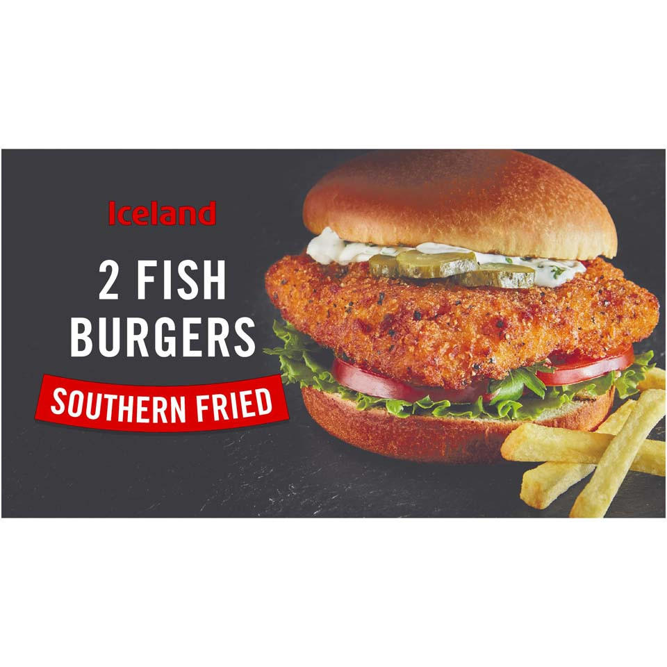 Iceland 2 Southern Fried Fish Burgers 220g Battered & Breaded Fish