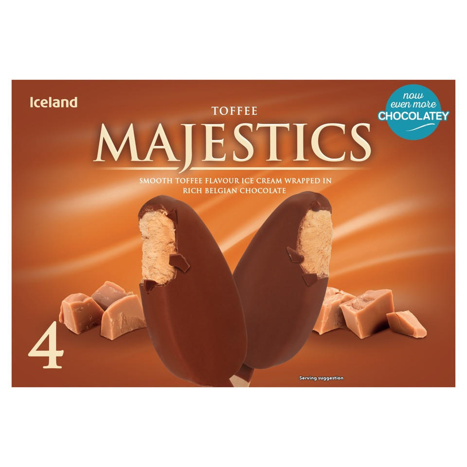Iceland 4 Toffee Majestics 480ml Ice Cream Cones, Sticks & Bars