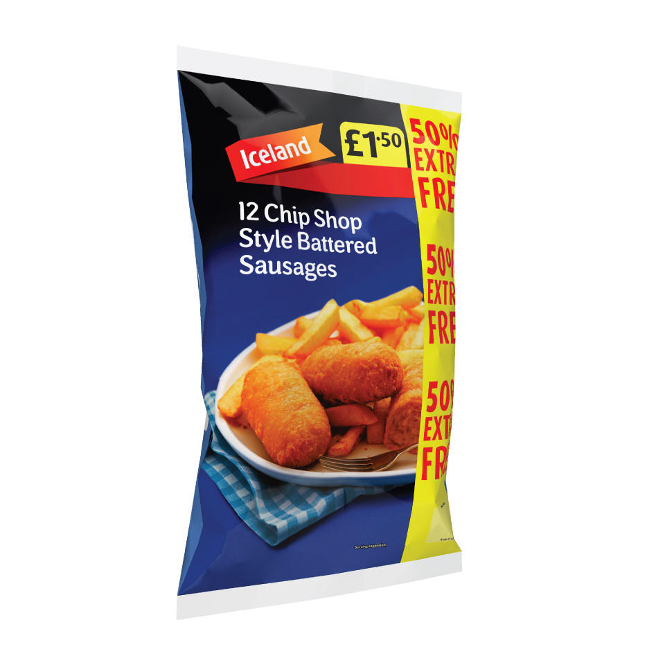 Iceland 50% Extra Free 12 Chip Shop Style Battered Sausages 804g