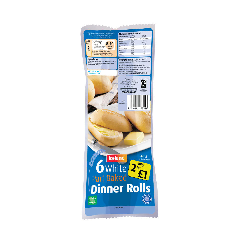Iceland 6 White Part Baked Dinner Rolls 300g Rolls & Part Baked Iceland Foods