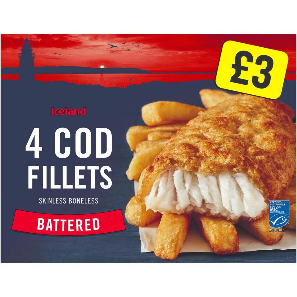Iceland Battered 4 Cod Skinless Boneless Fillets 500g Battered