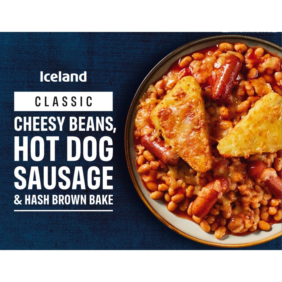 Iceland Cheesy Beans, Hot Dog Sausage and Hash Brown Bake 400g, folic acid free