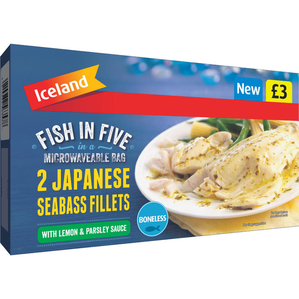 Iceland Fish in Five 2 Japanese Seabass Fillets with Lemon & Parsley Sauce 240g Iceland Foods