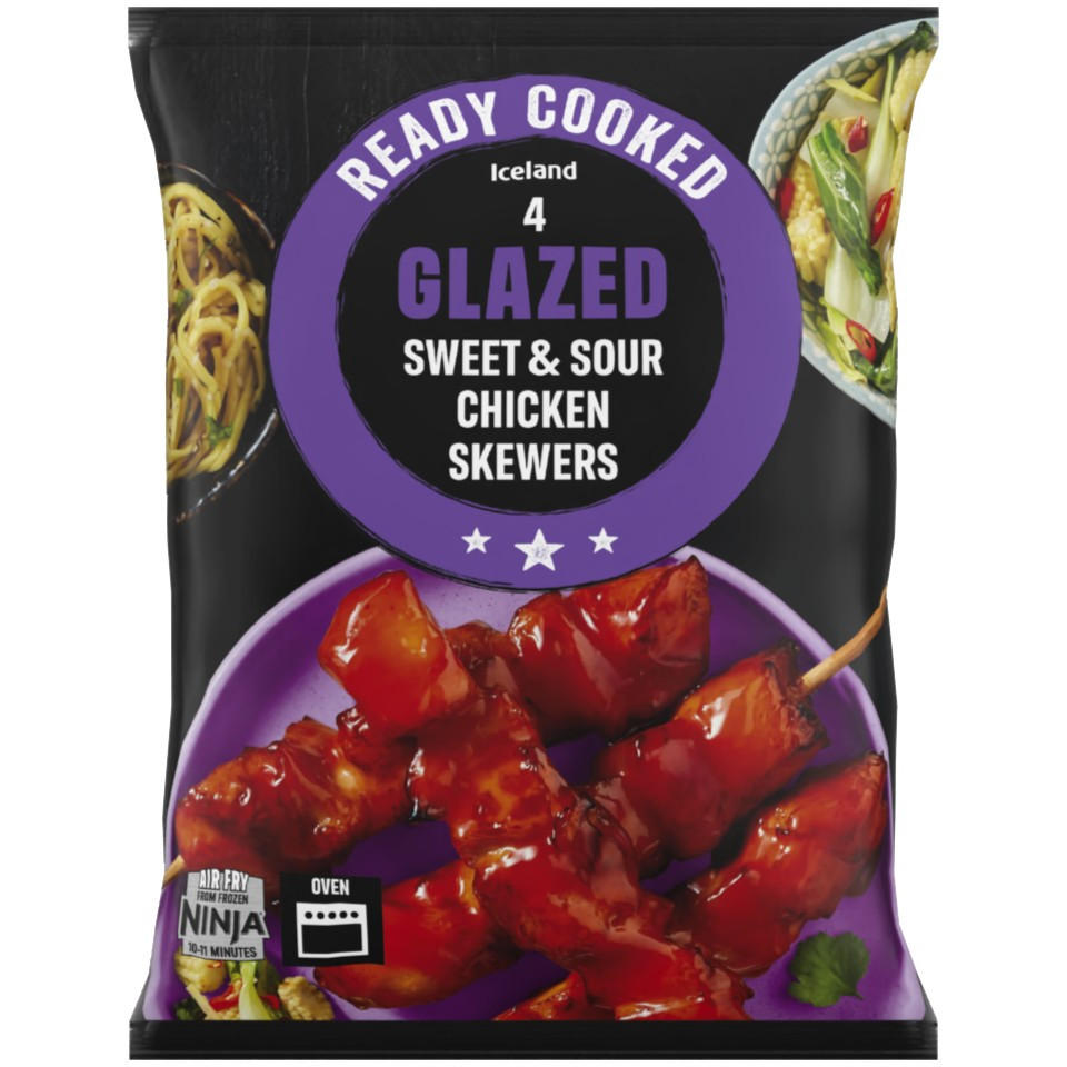 Iceland Ready Cooked 4 Sweet & Sour Glazed Chicken Skewers 340g
