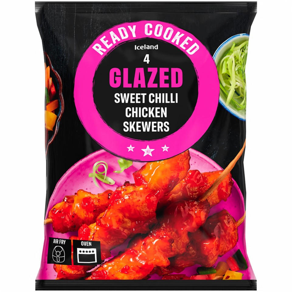 Iceland Ready Cooked 4 Sweet Chilli Glazed Chicken Skewers 340g