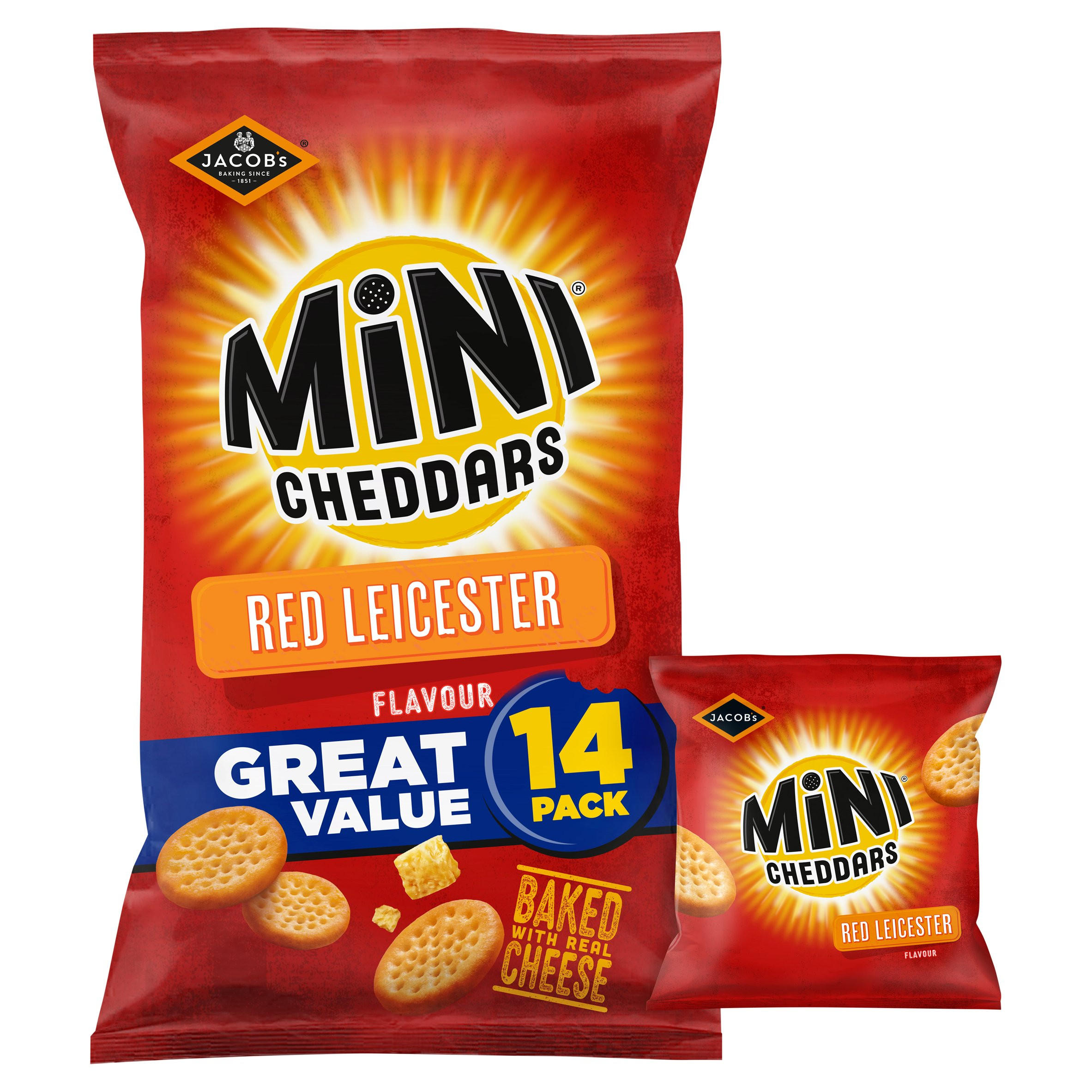 Jacob's Mini Cheddars 14 Red Leicester Flavour 322g Multipack Crisps