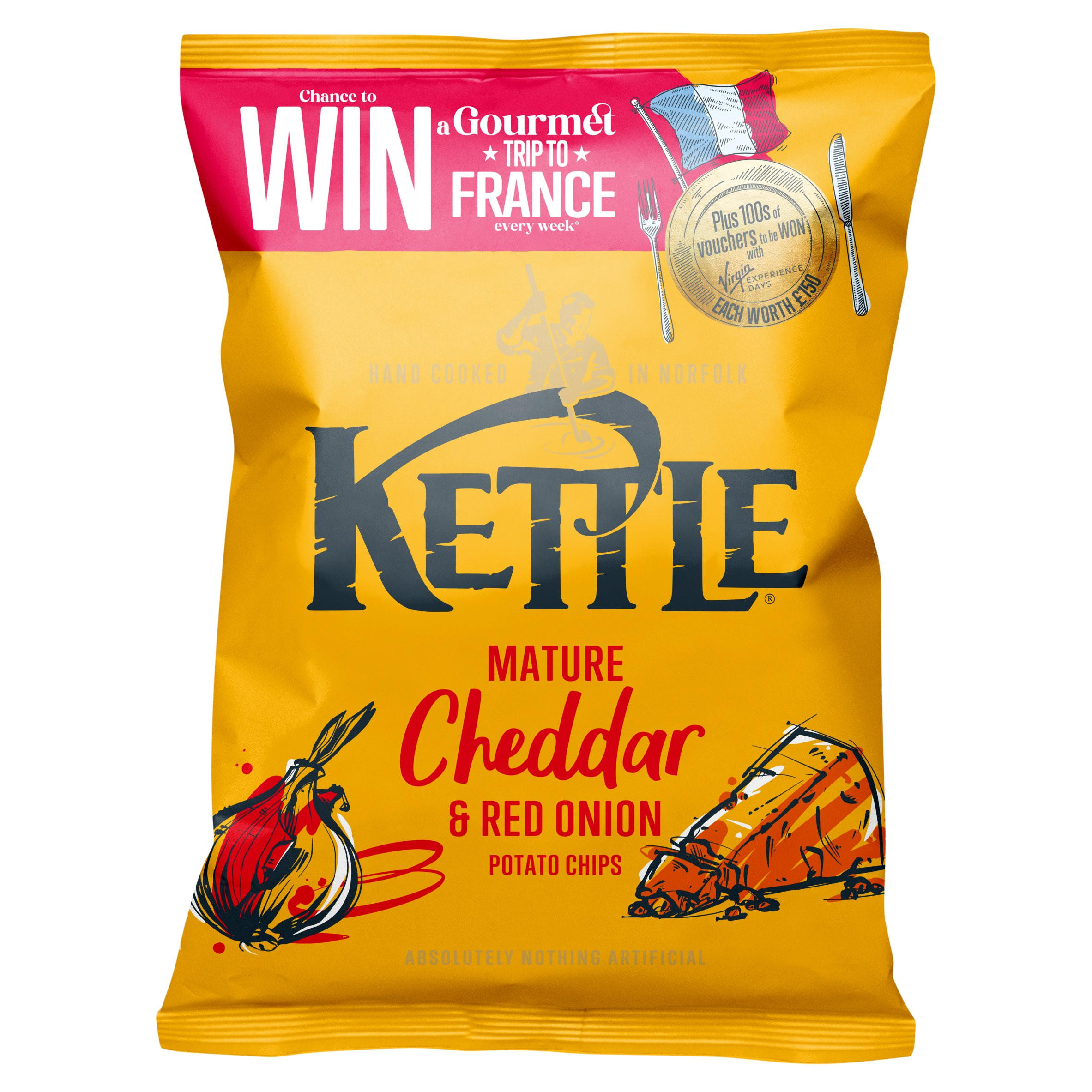 Kettle Mature Cheddar & Red Onion Potato Chips 130g, folic acid free
