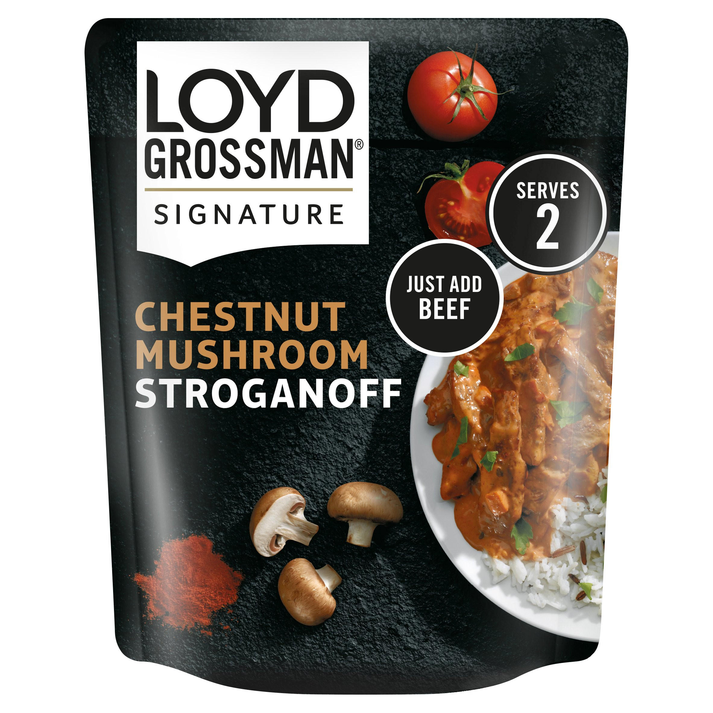 Loyd Grossman Signature Chestnut Mushroom Stroganoff Cooking Sauce 330g, folic acid free