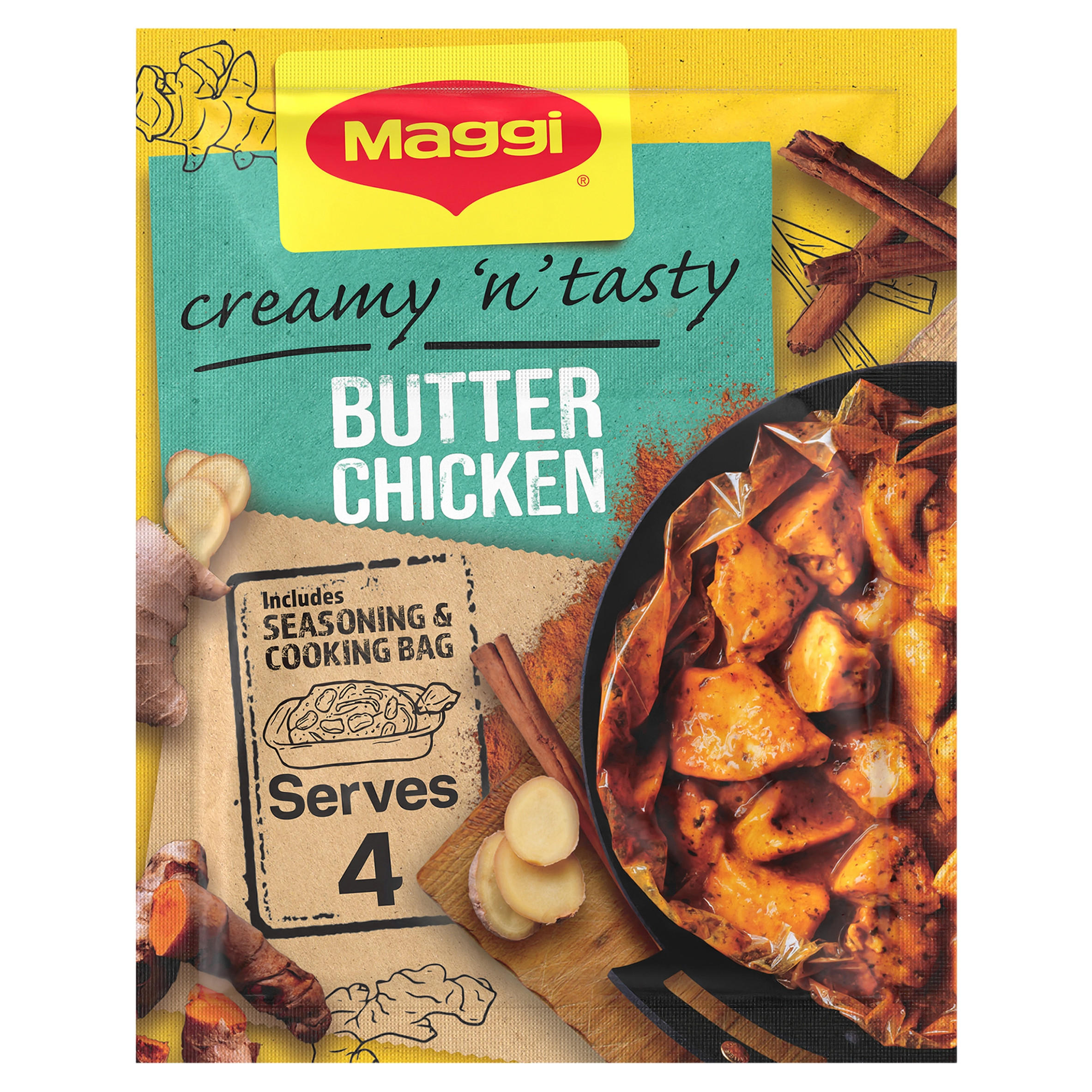 Maggi Juicy Creamy and Tasty Butter Chicken Herbs and Spices Recipe Mix 41g, folic acid free