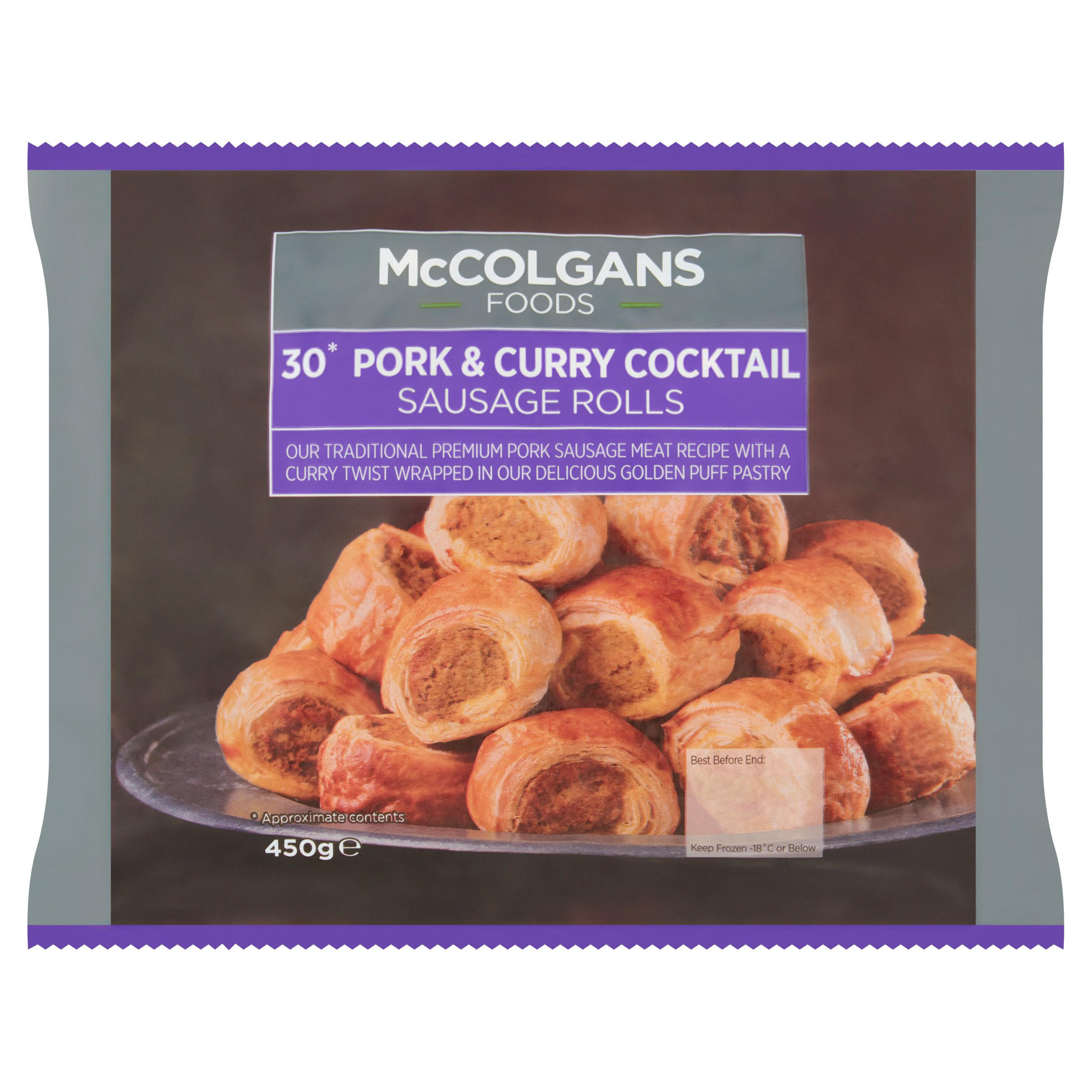 McColgans Foods 30 Pork & Curry Cocktail Sausage Rolls 450g Pasties
