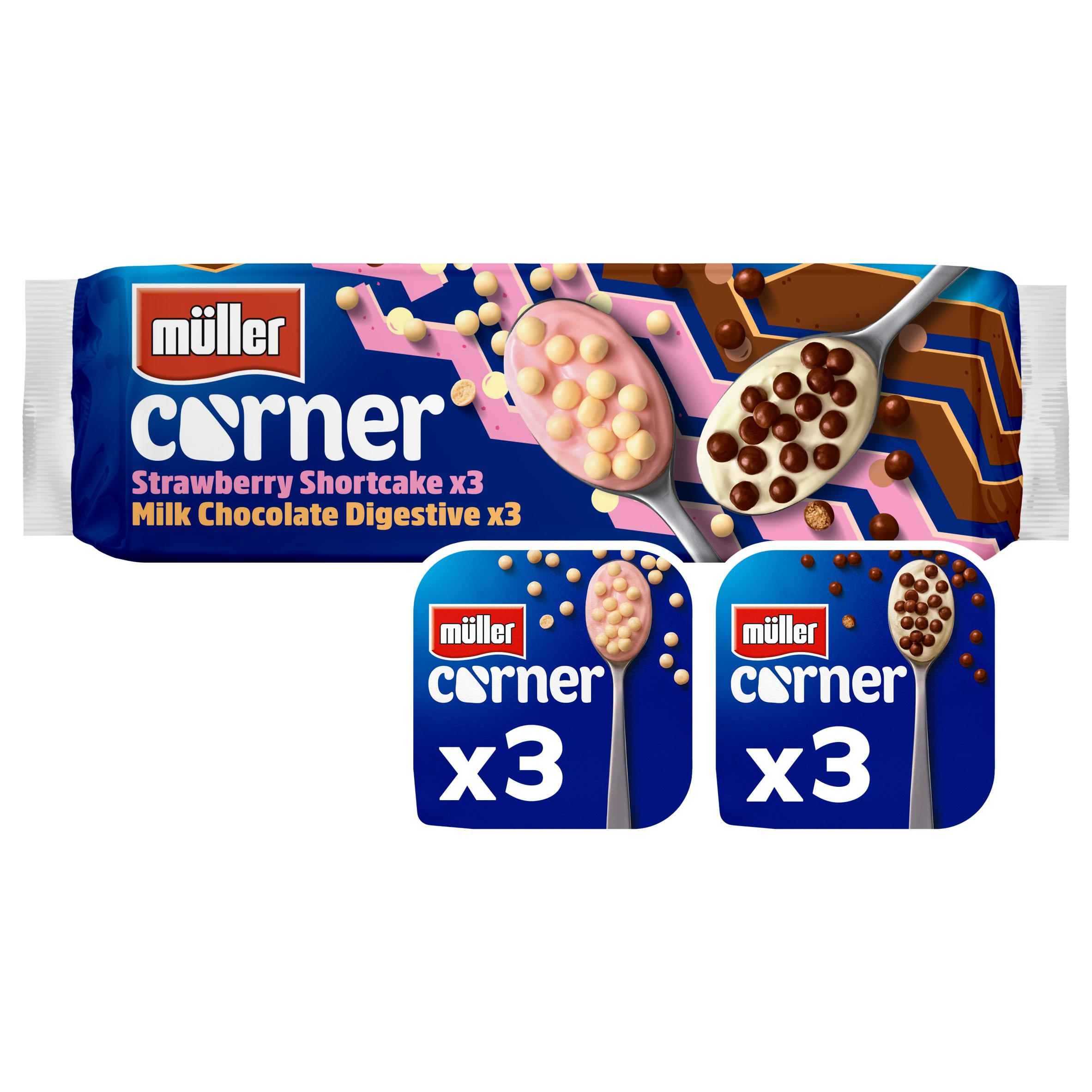 Muller Corner Chocolate Digestive and Strawberry Shortcake Yogurts
