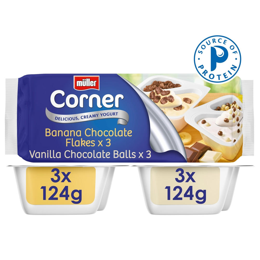 Müller Corner Vanilla Chocolate Balls and Banana Chocolate Flakes Yogurts 6 x 124g (744g)
