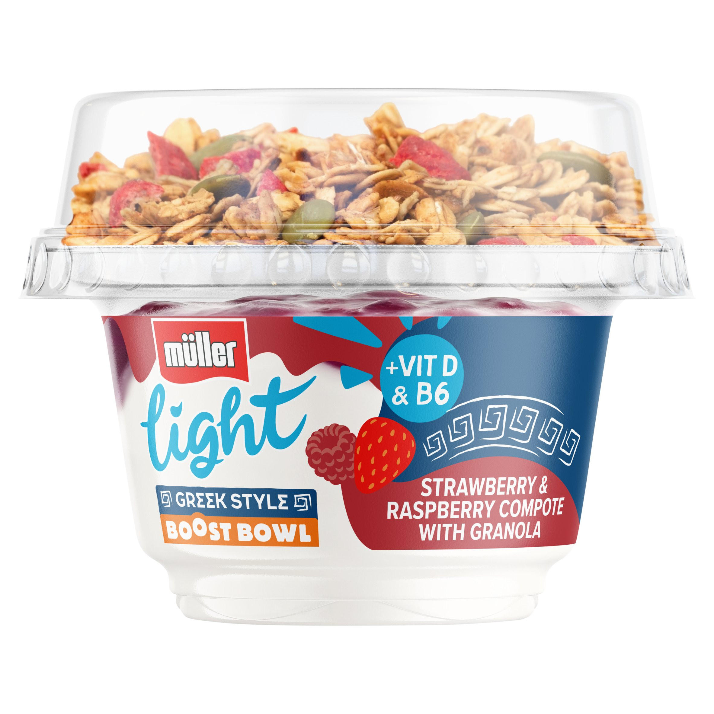 Müller Light Greek Style Boost Bowl Strawberry & Raspberry Compote with Granola 170g, folic acid free