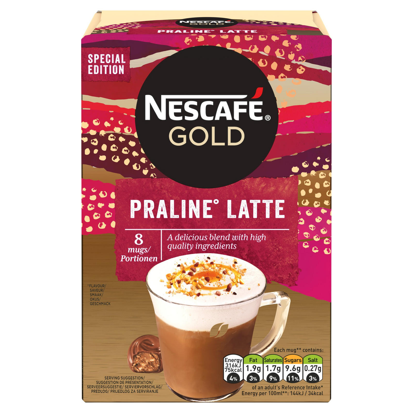 Nescafe Gold Praline Latte Instant Coffee 8 x 18g Sachets