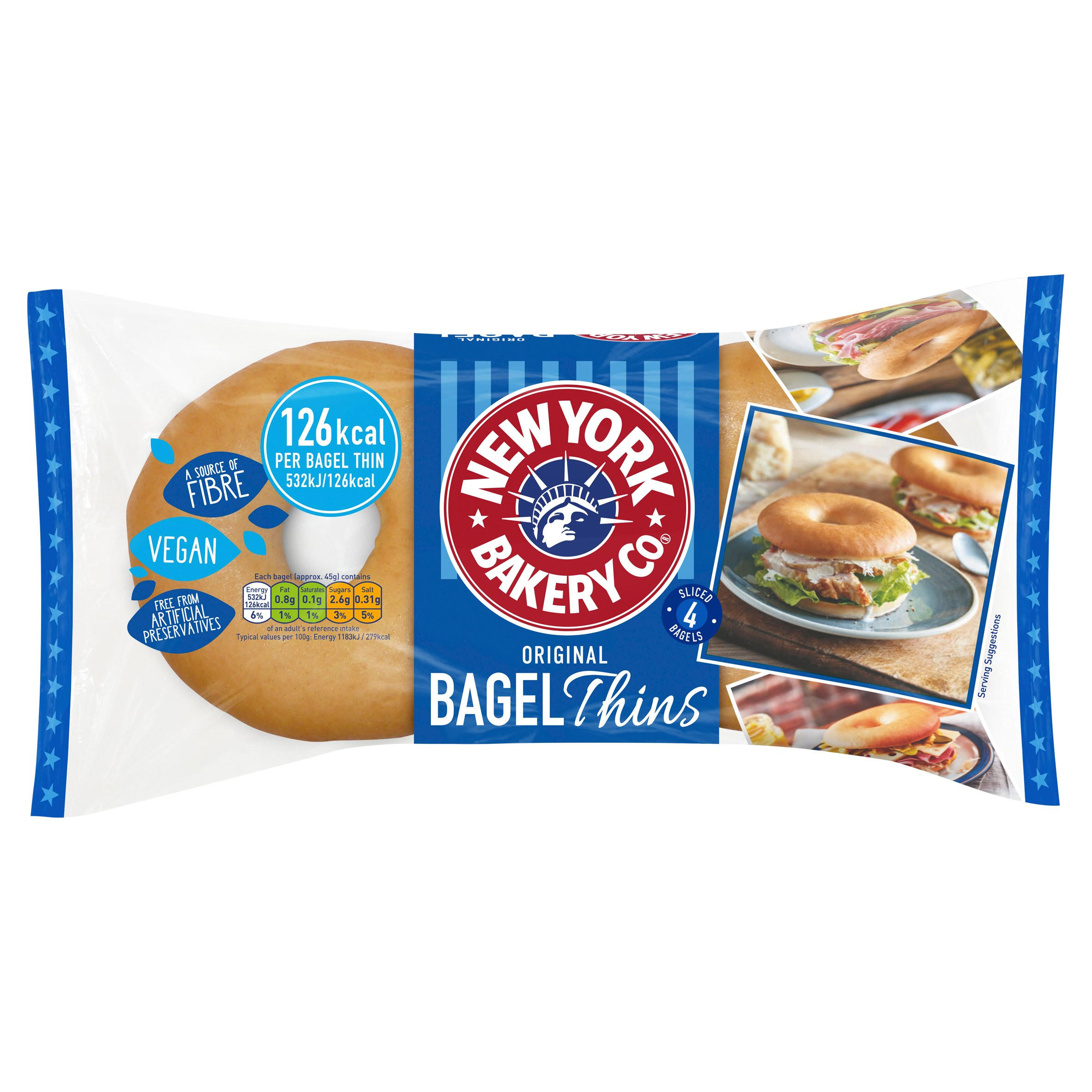 New York Bakery Co. 4 Original Sliced Bagel Thins Wraps, Bagels