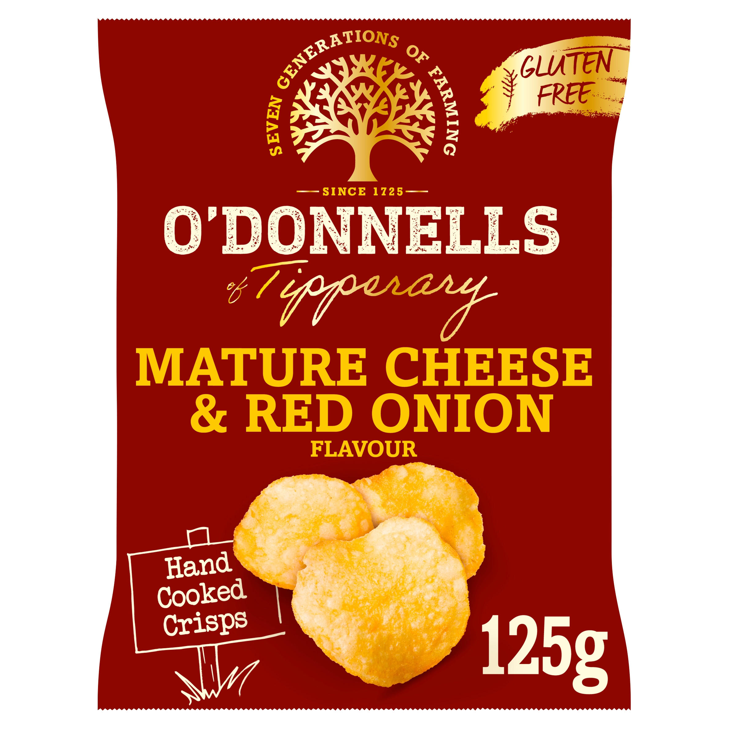 O'Donnells Mature Cheese & Red Onion Flavour Hand Cooked Crisps 125g, folic acid free